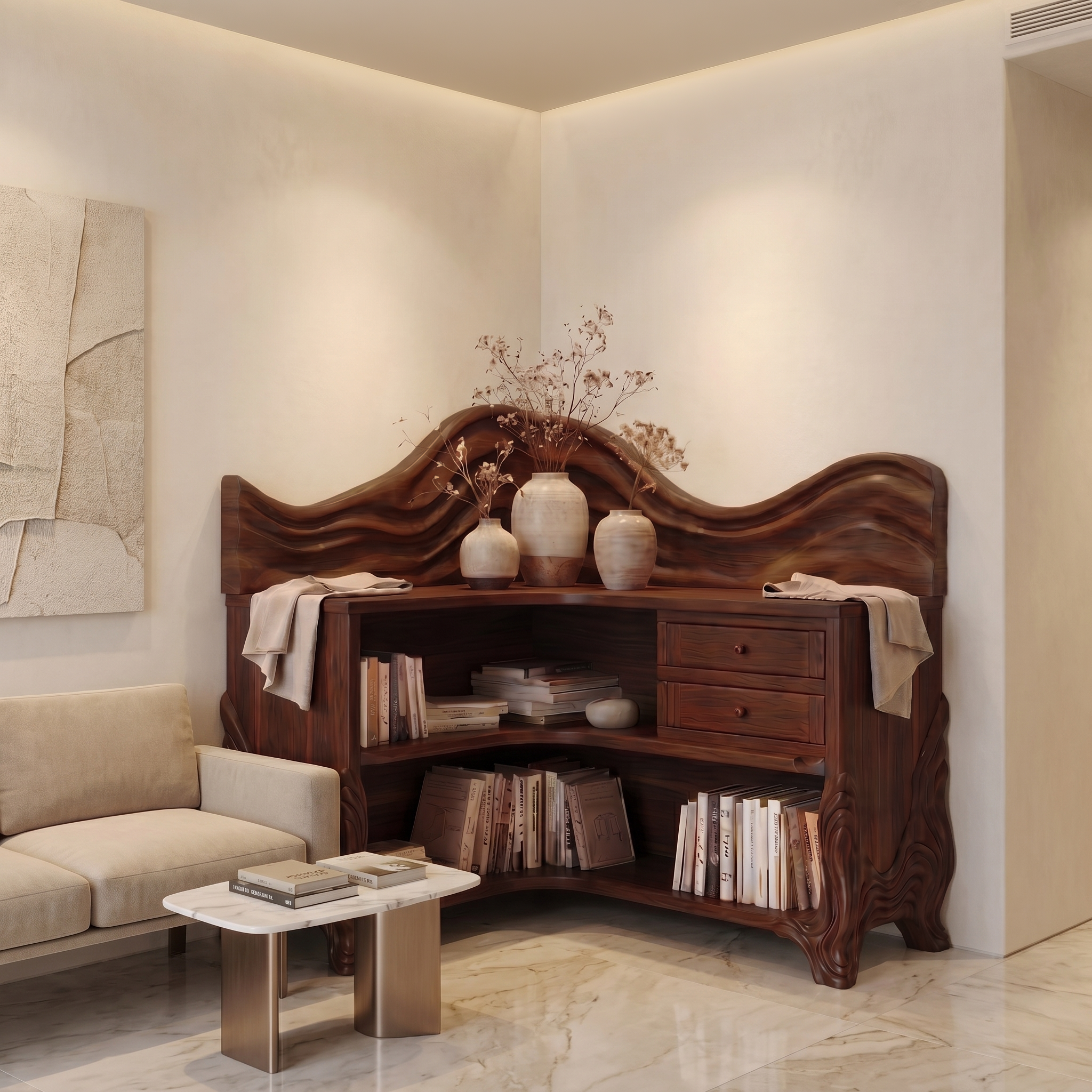 Rustic Wave Top Corner Bookshelf With Sculptural Wooden Shelves And Open Storage For Living Room And Bedroom SINLSABS025