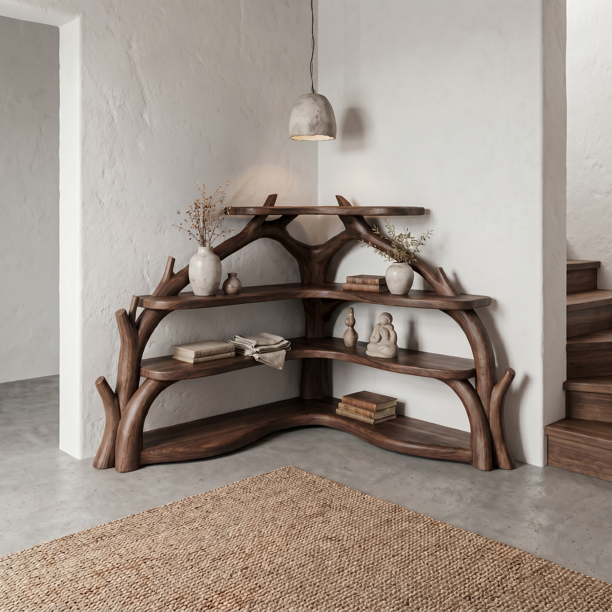 Sculptural Corner Bookcase With Natural Branch Design For Living Room SINLSABS015