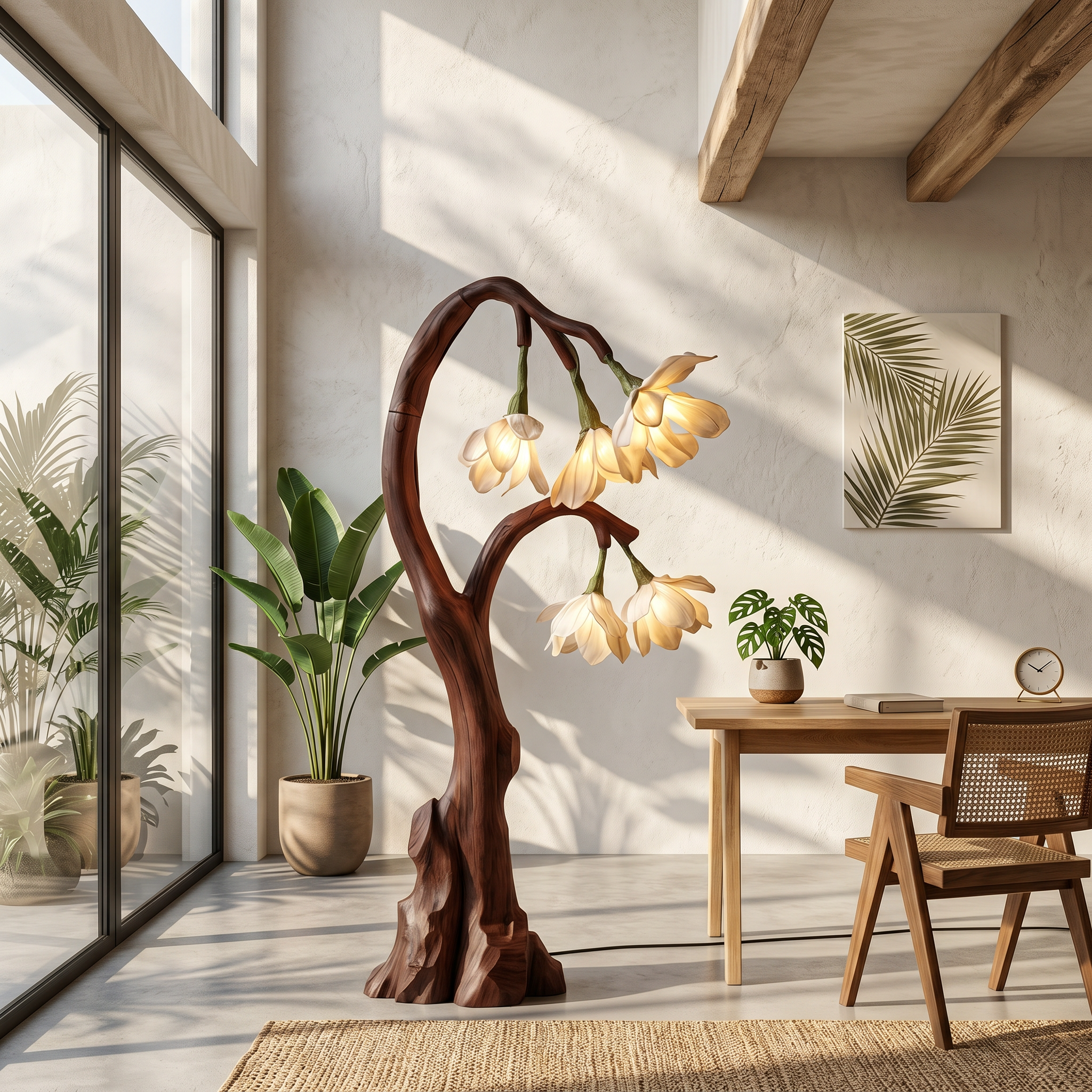 Artistic Floral Floor Lamp With Natural Wood Base For Living Room And Bedroom SINLSAFLP077