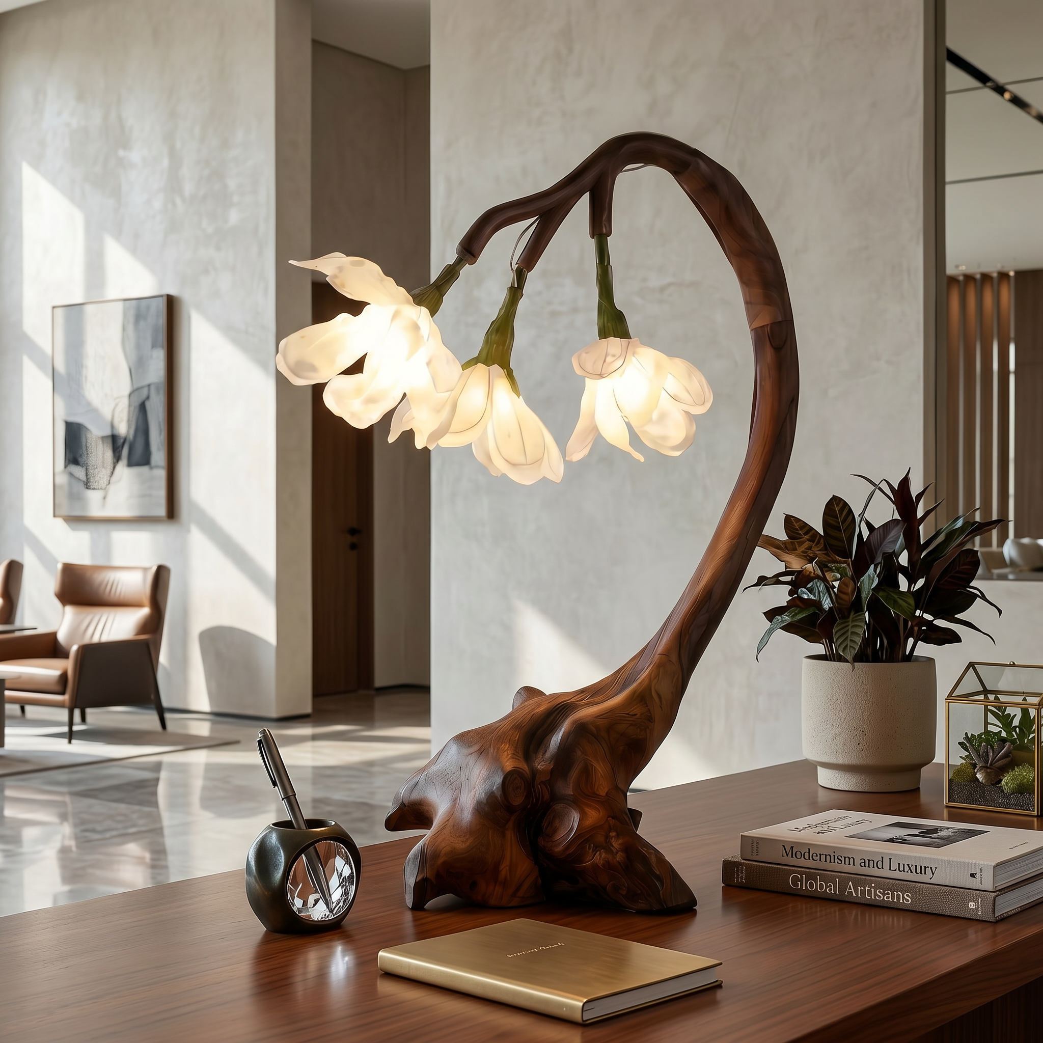 Organic Flower Table Lamp With Sculptural Wood Base For Bedroom And Living Room SINLSATL002