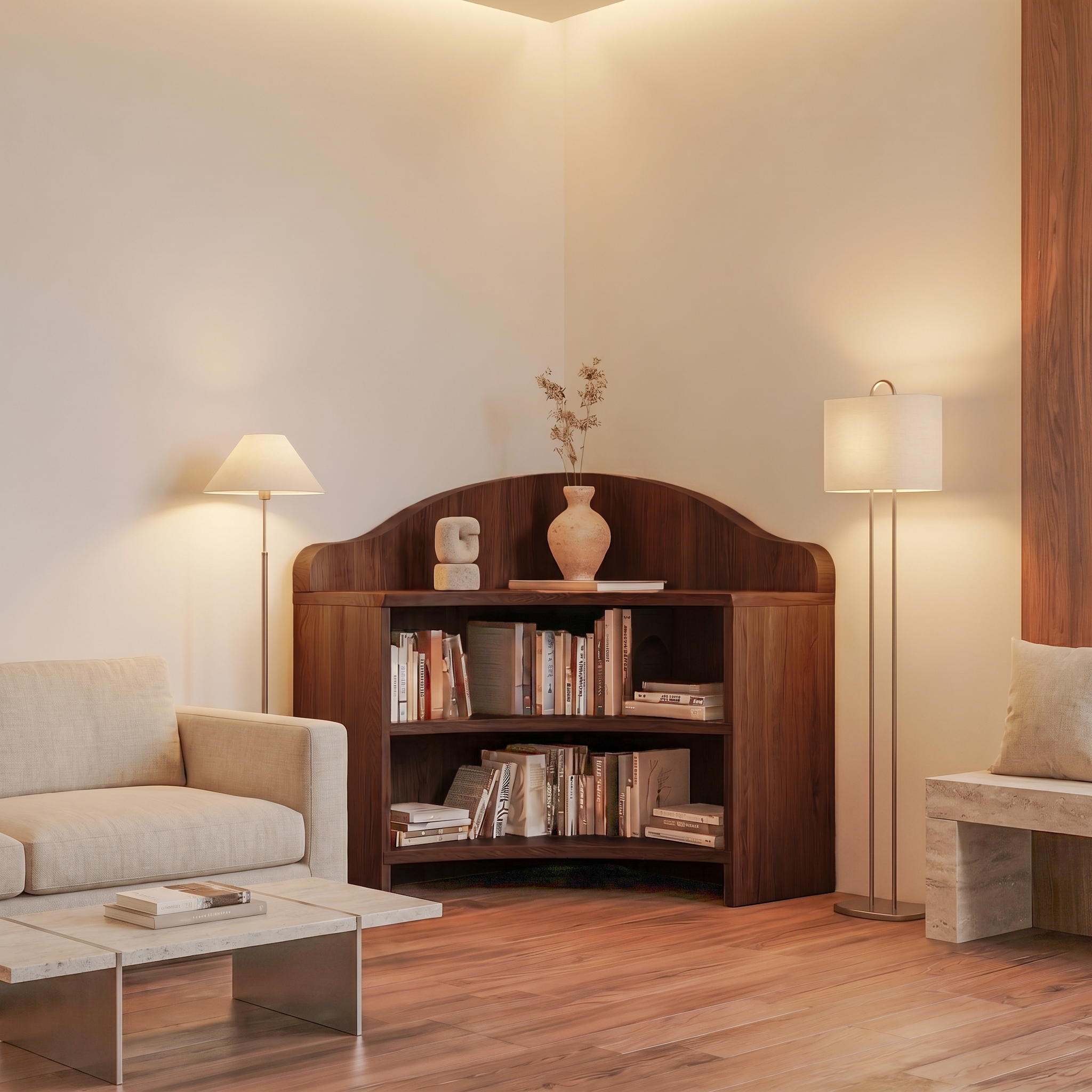 Minimal Corner Bookshelf With Clean Wooden Structure For Living Room SINLSABS026