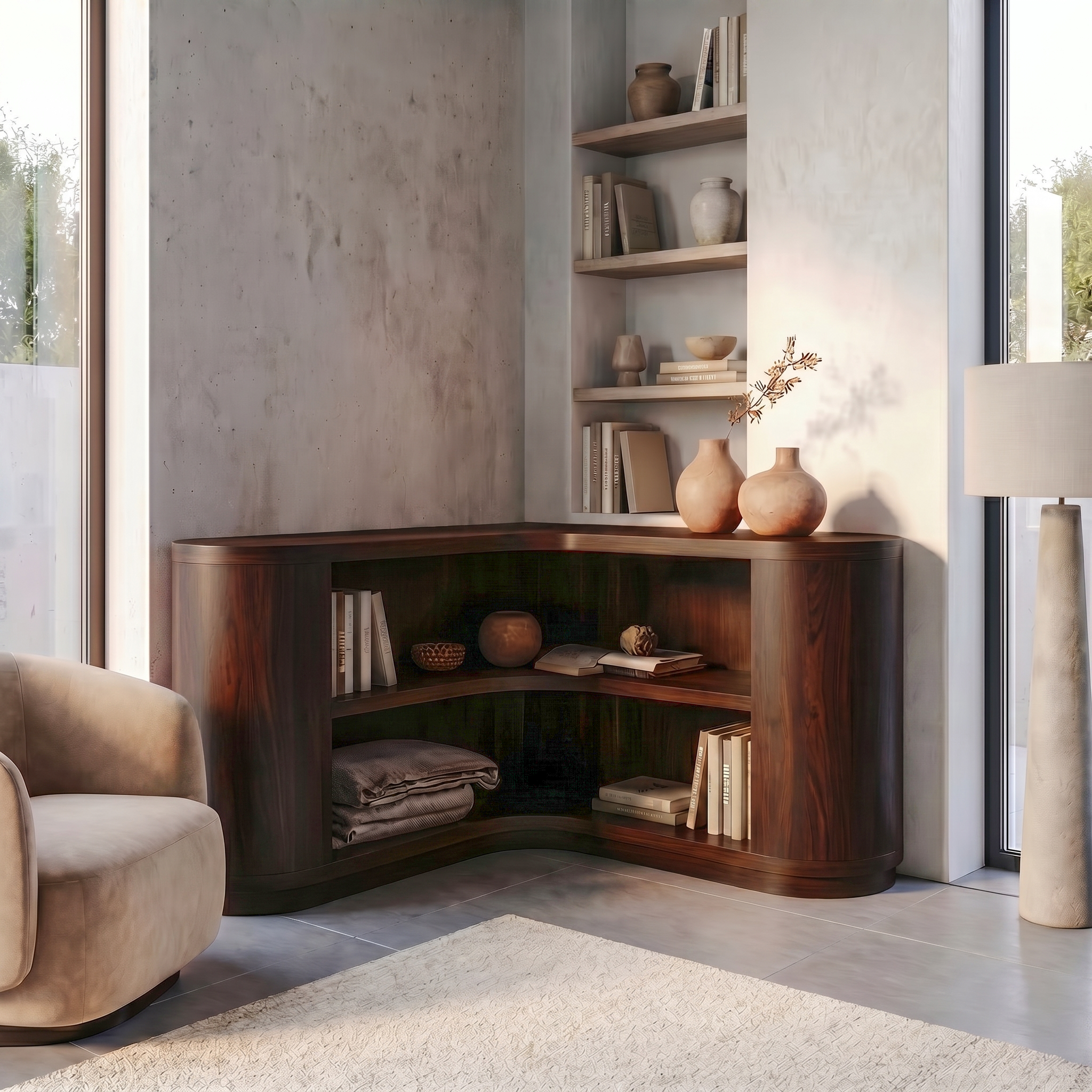 Scandinavian Corner Bookshelf With Simple Wooden Structure For Living Room SINLSABS027