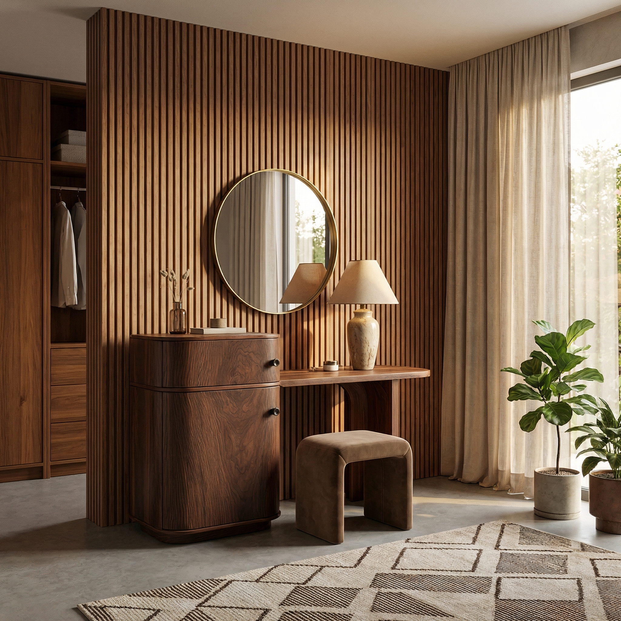 Scandinavian Dressing Table With Storage Cabinet Warm Minimalist Rounded Design For Bedroom SINLSABDT058