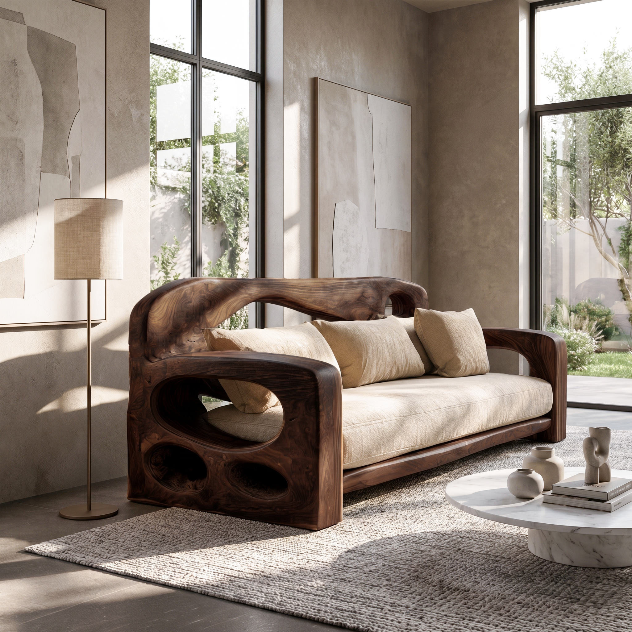 Modern Sofa Frame With Sculptural Solid Wood Armrests For Living Room SINLSASF029