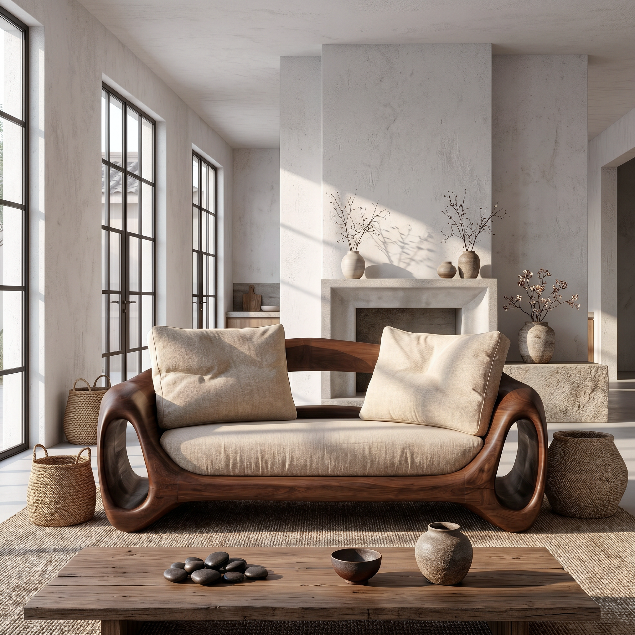 Organic Sofa Frame With Sculptural Circular Armrests For Living Room SINLSASF030