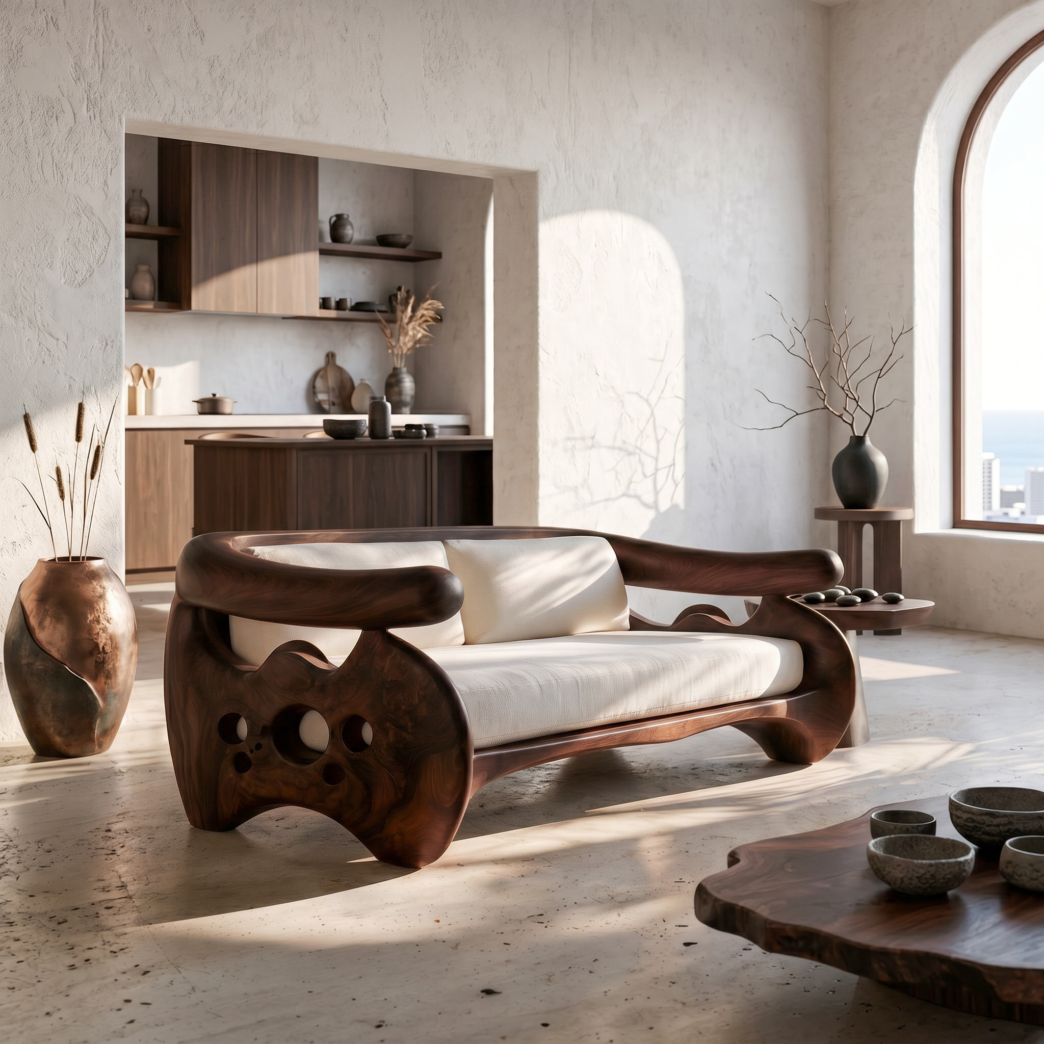 Organic Curved Sofa With Sculptural Wooden Base For Living Room SINLSASF038