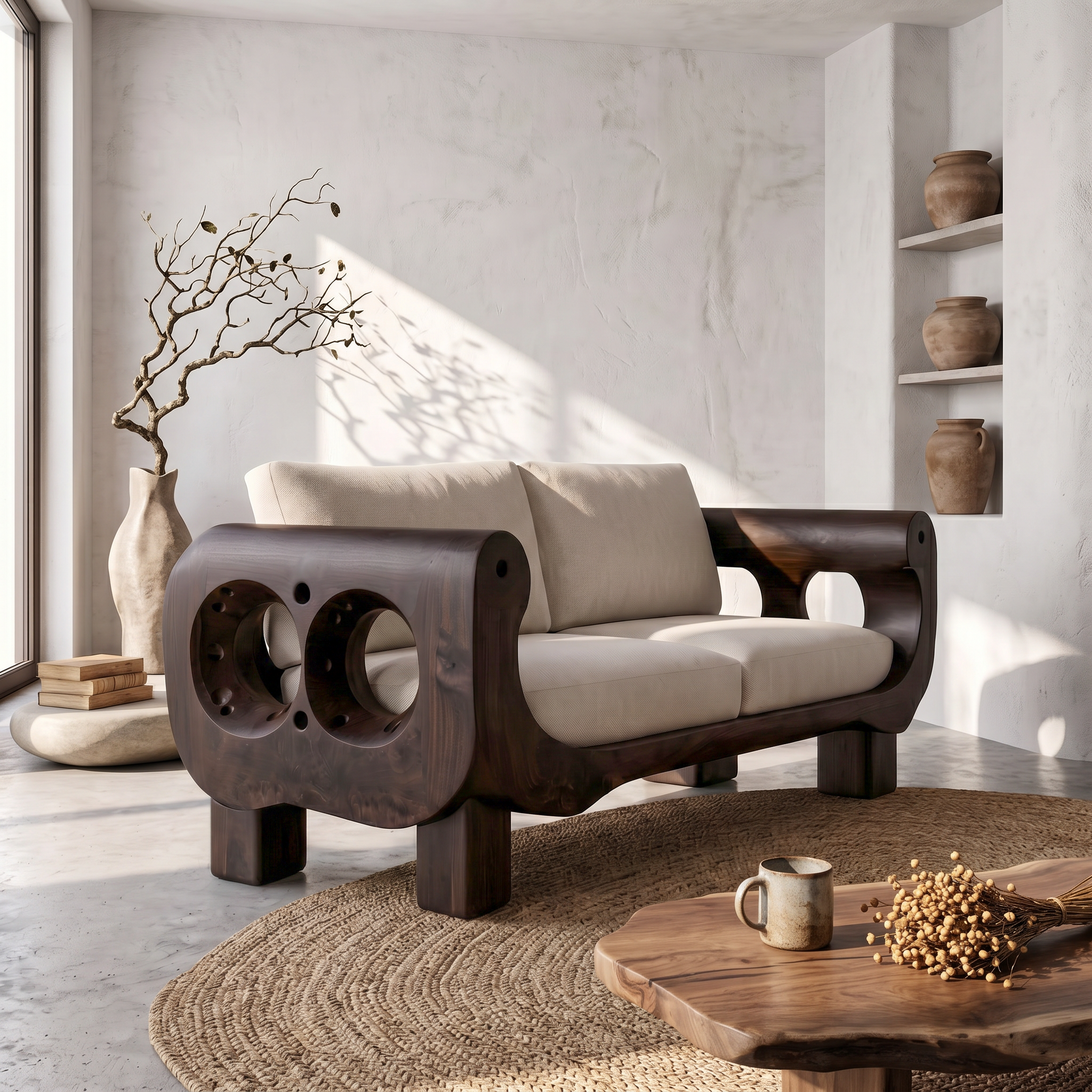Rustic Sofa Frame With Handcrafted Sculptural Wood Design For Living Room SINLSASF039