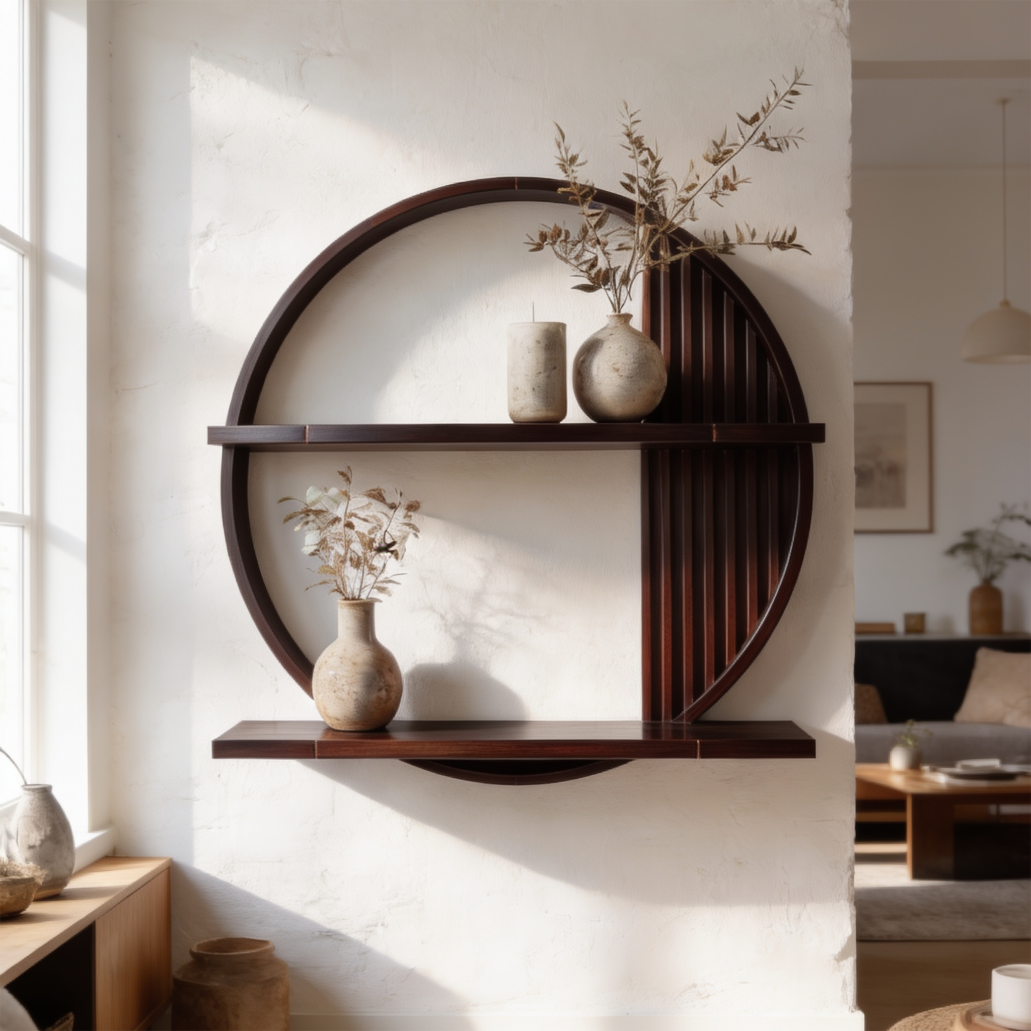 Contemporary Round Solid Wood Wall Shelf Living Room Decor SINLSAFL080
