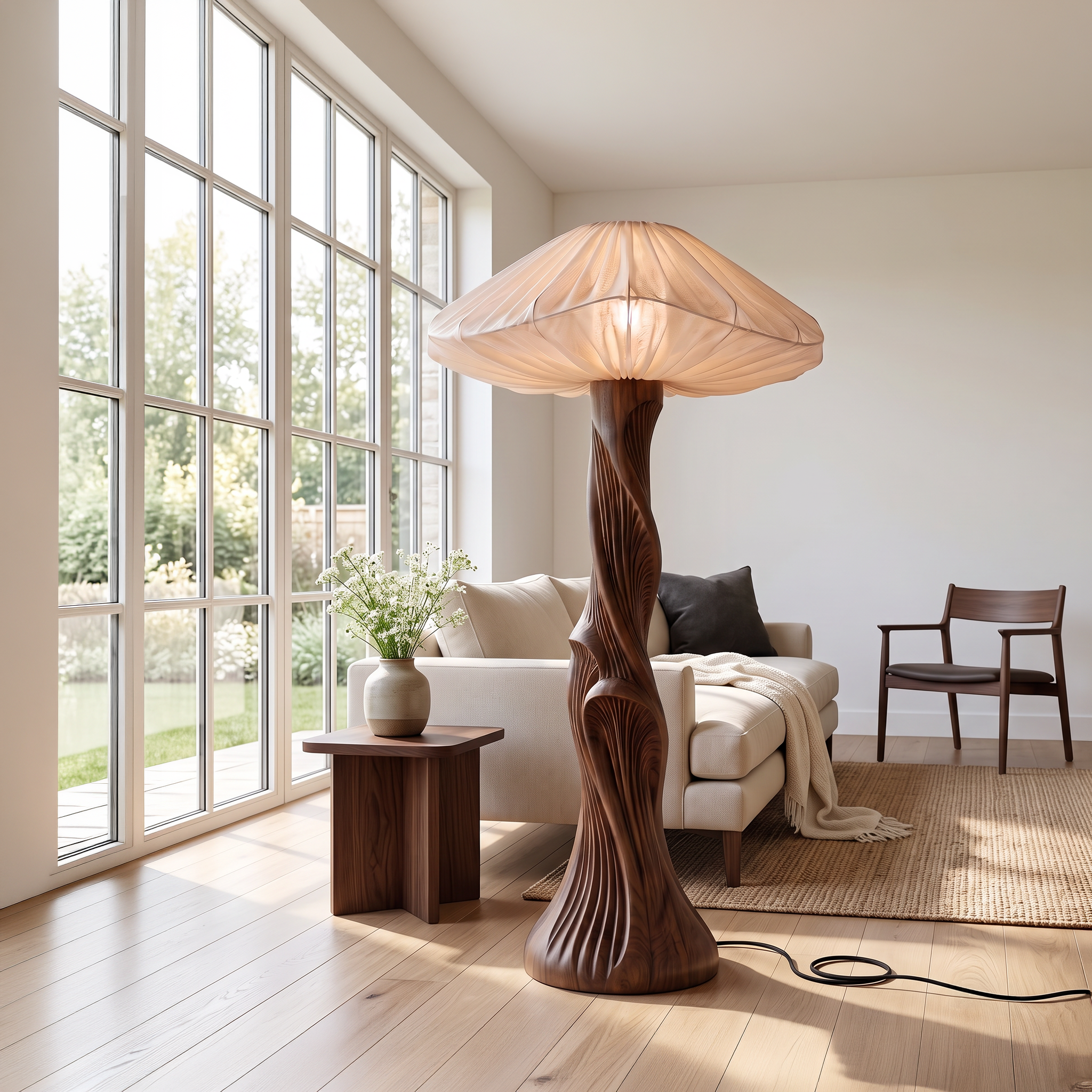 Contemporary Floor Lamp Carved Wood  Mushroom Shade Pedestal Lounge SINLSAFLP134