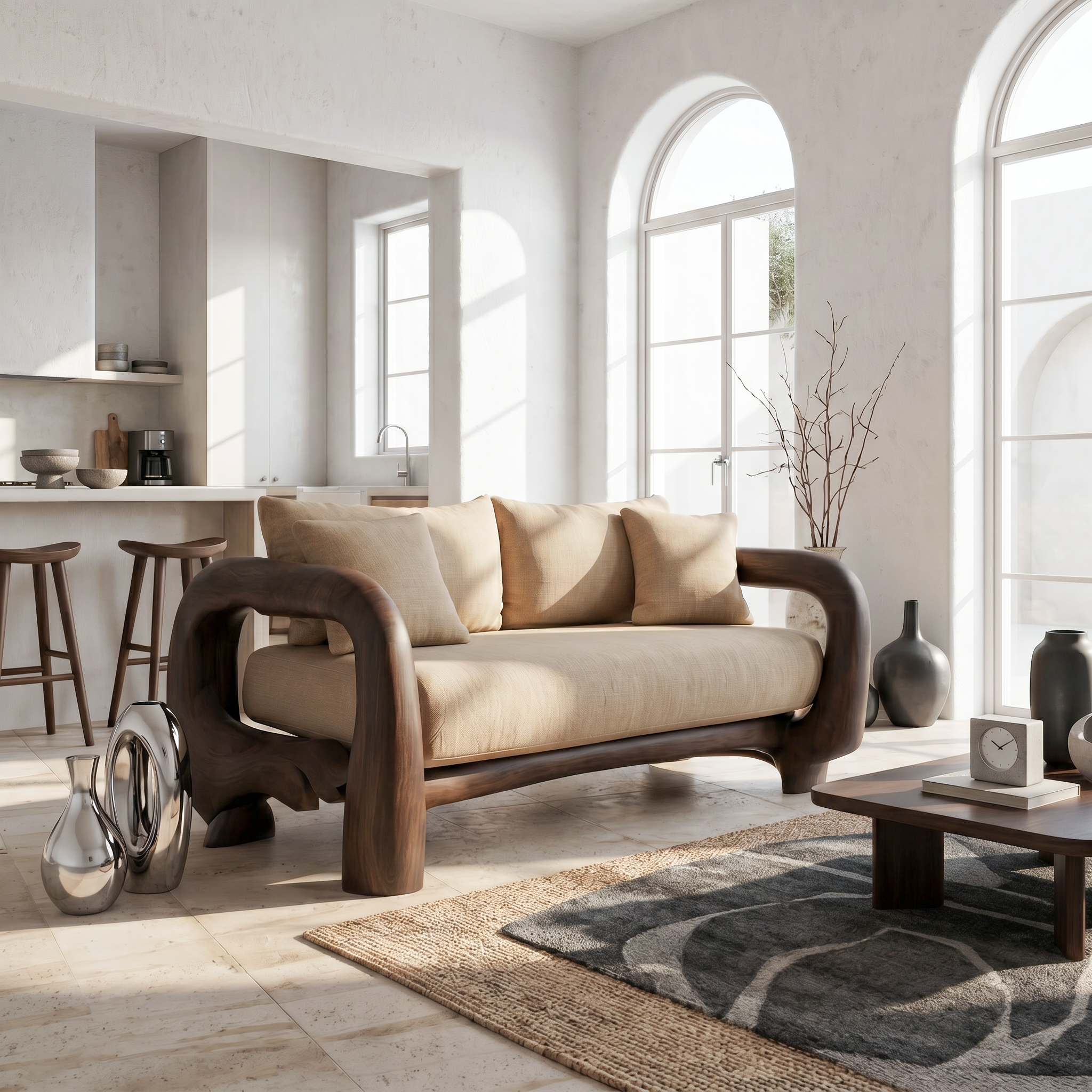 Contemporary Lounge Sofa Frame With Sculptural Wooden Base For Living Room SINLSASF049