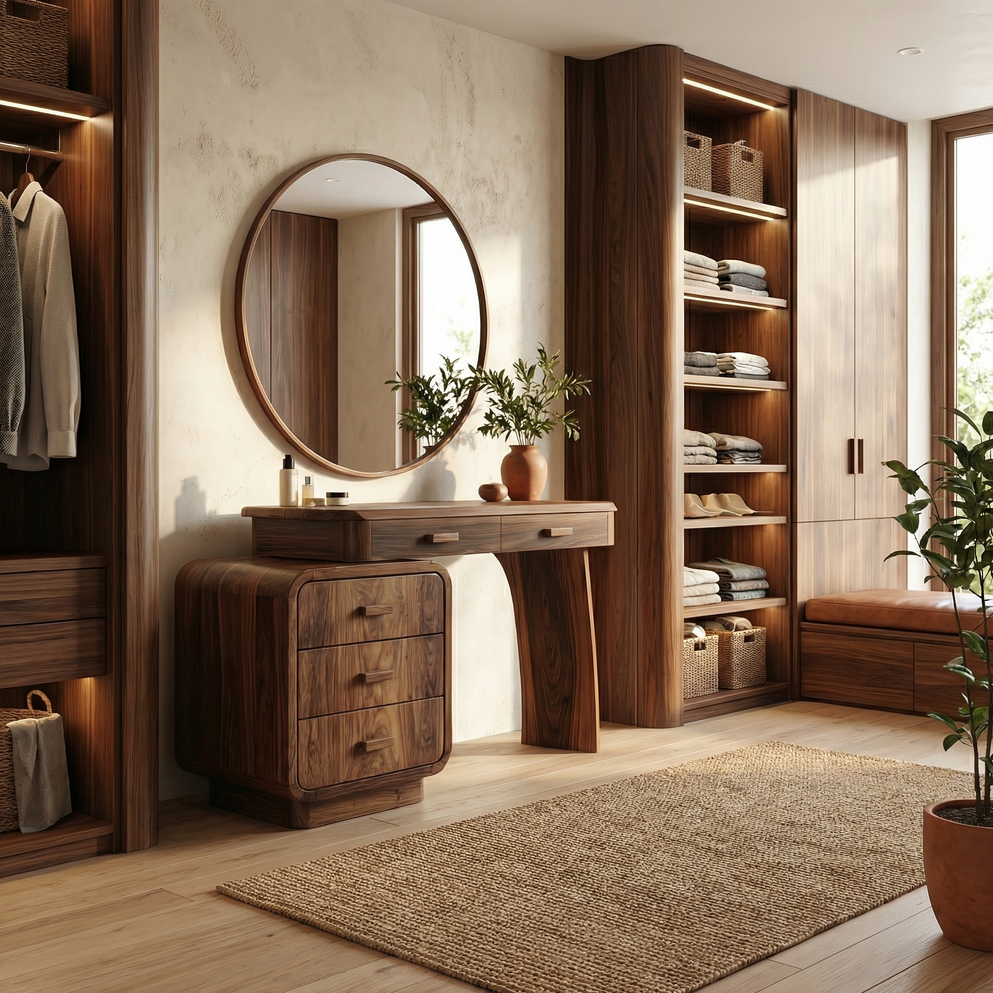 Minimalist Vanity Dressing Table With Storage Cabinet Curved Sculptural Design For Bedroom SINLSABDT054