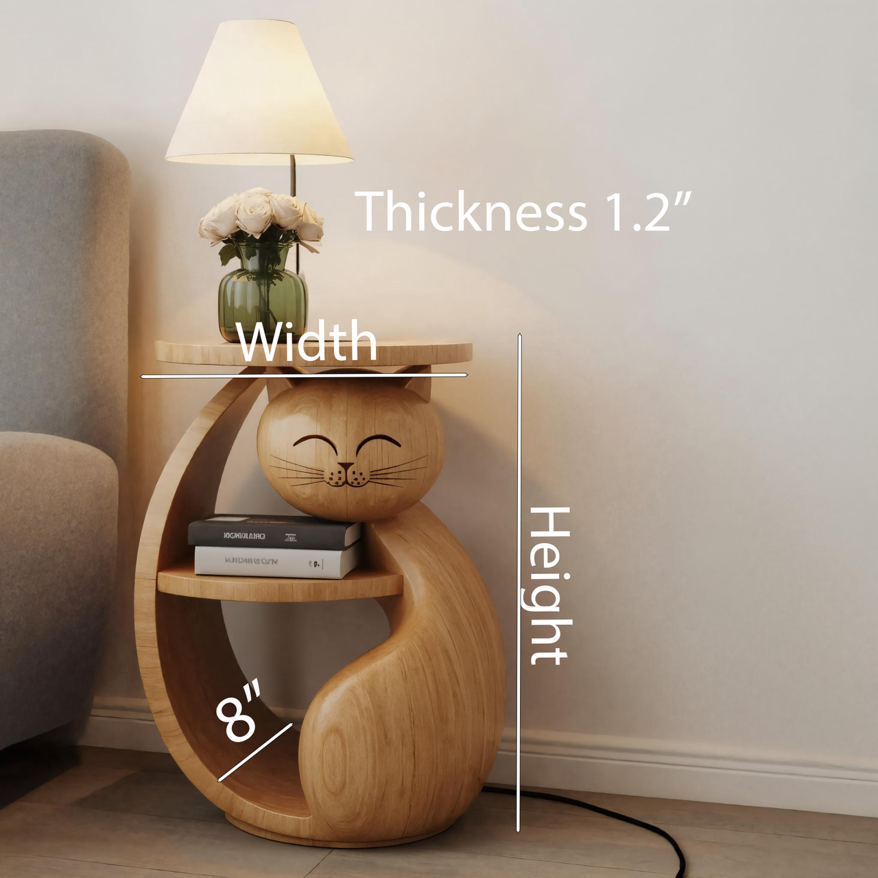 Whimsical Cat Shaped Wooden Side Table With Shelf For Bedroom Or Kids Room SITHHNSTA003