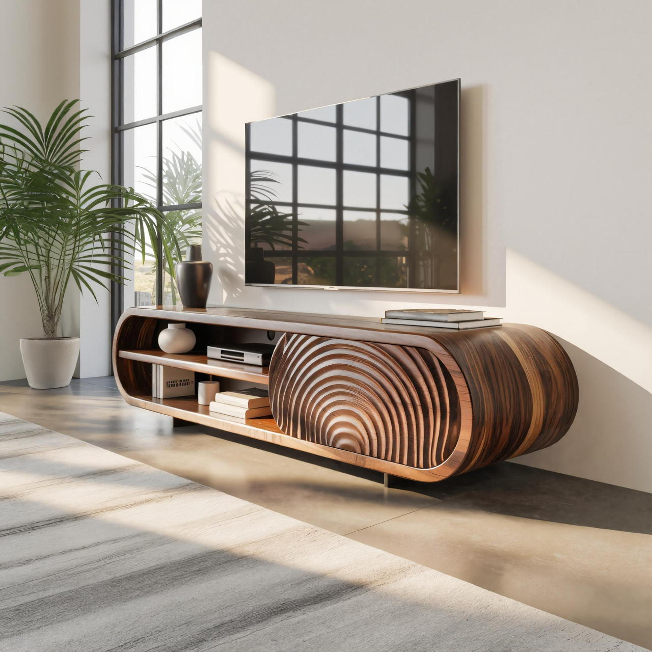 Modern Rounded Wood TV Stand With Sculpted Doors For Living Room SITHTTTVC009