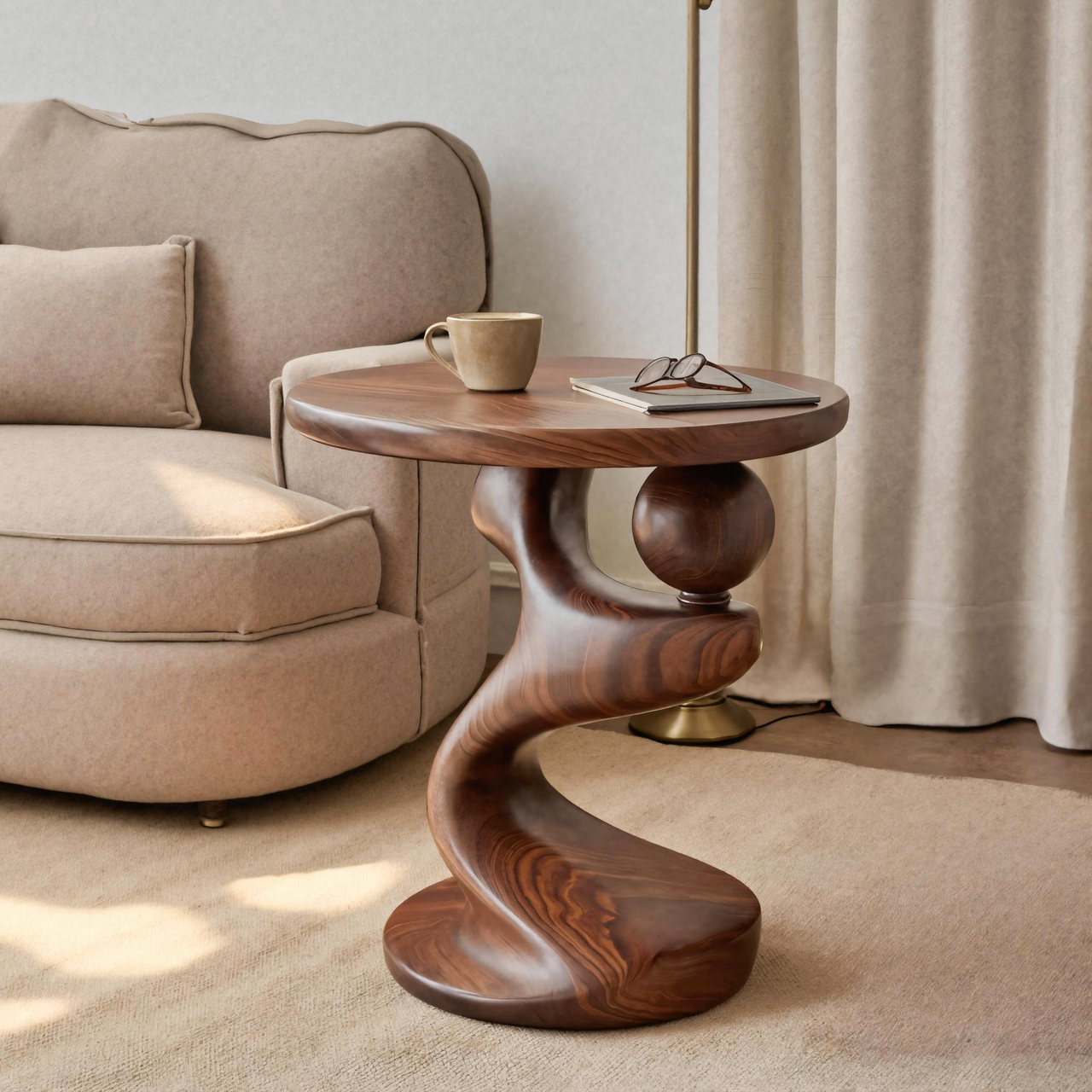 Modern Sculpted Wood Side Table With Artistic Curved Base For Living Room Or Bedroom SITHTTSTA010