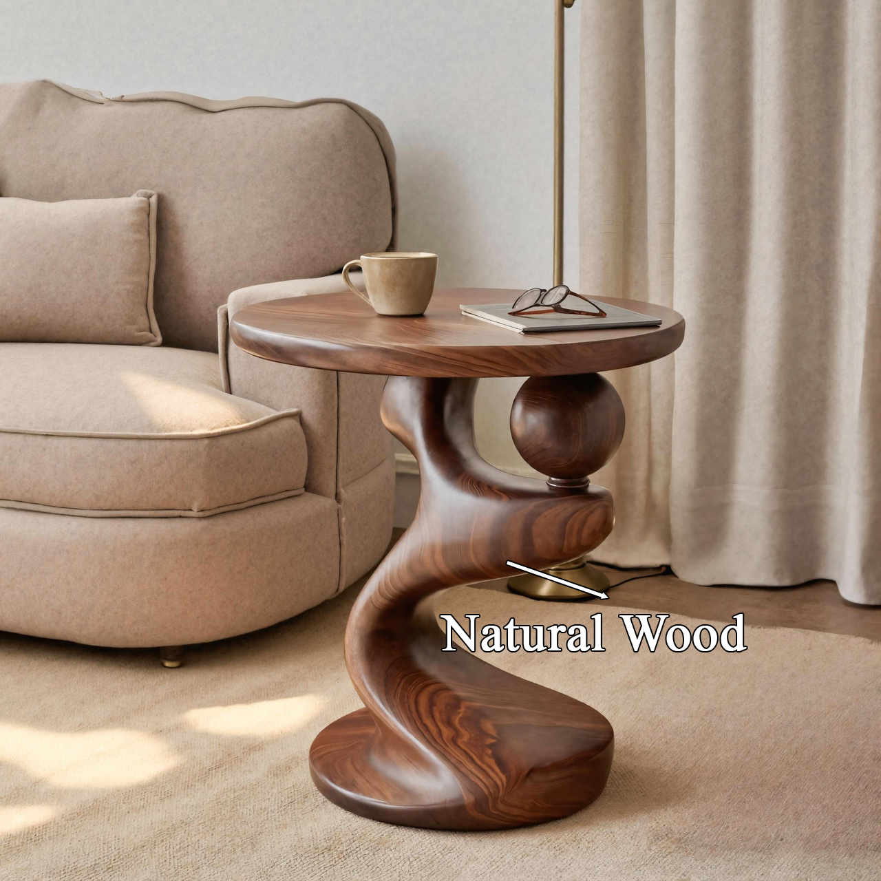 Modern Sculpted Wood Side Table With Artistic Curved Base For Living Room Or Bedroom SITHTTSTA010