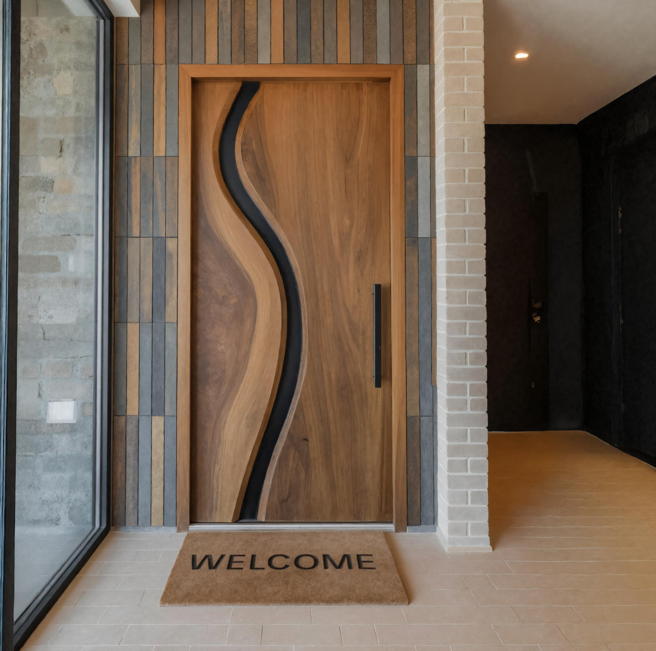 Modern Wave Line Front Door With Black Inlay For Contemporary Homes SITHHNDOR014