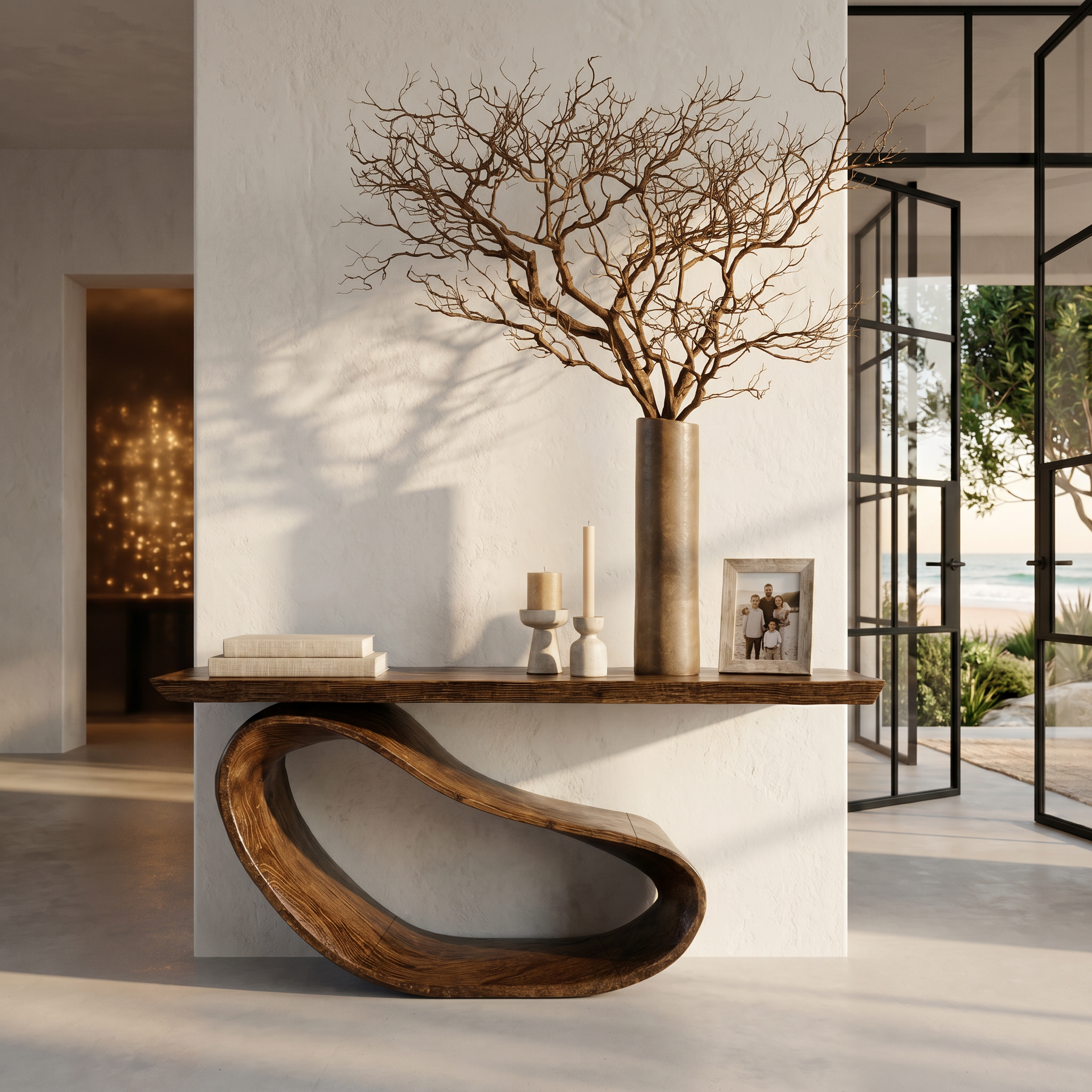 Minimalist Console Table With Sculptural Wood Base For Entryway SINLHACS669