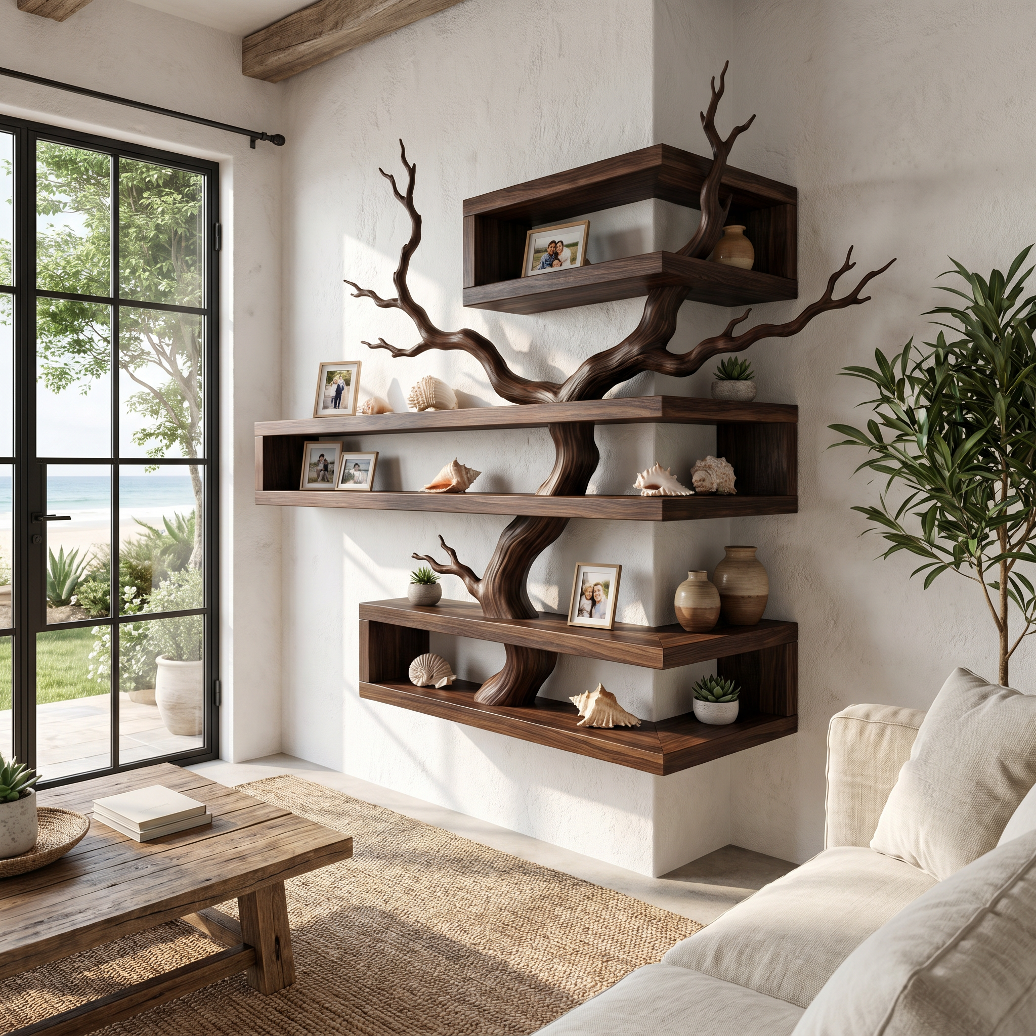 Rustic Corner Floating Shelf With Artistic Branch Shelves For Living Room SINLHAFL560