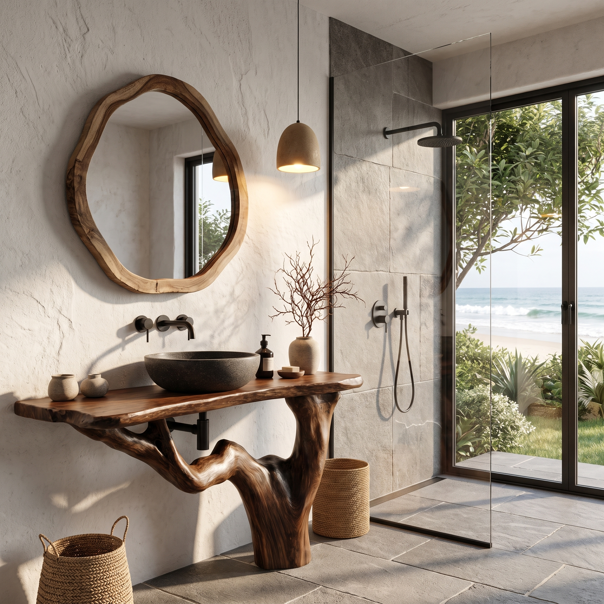 Handcrafted Bathroom Vanity With Tree Trunk Design For Powder Room SINLHABRV318
