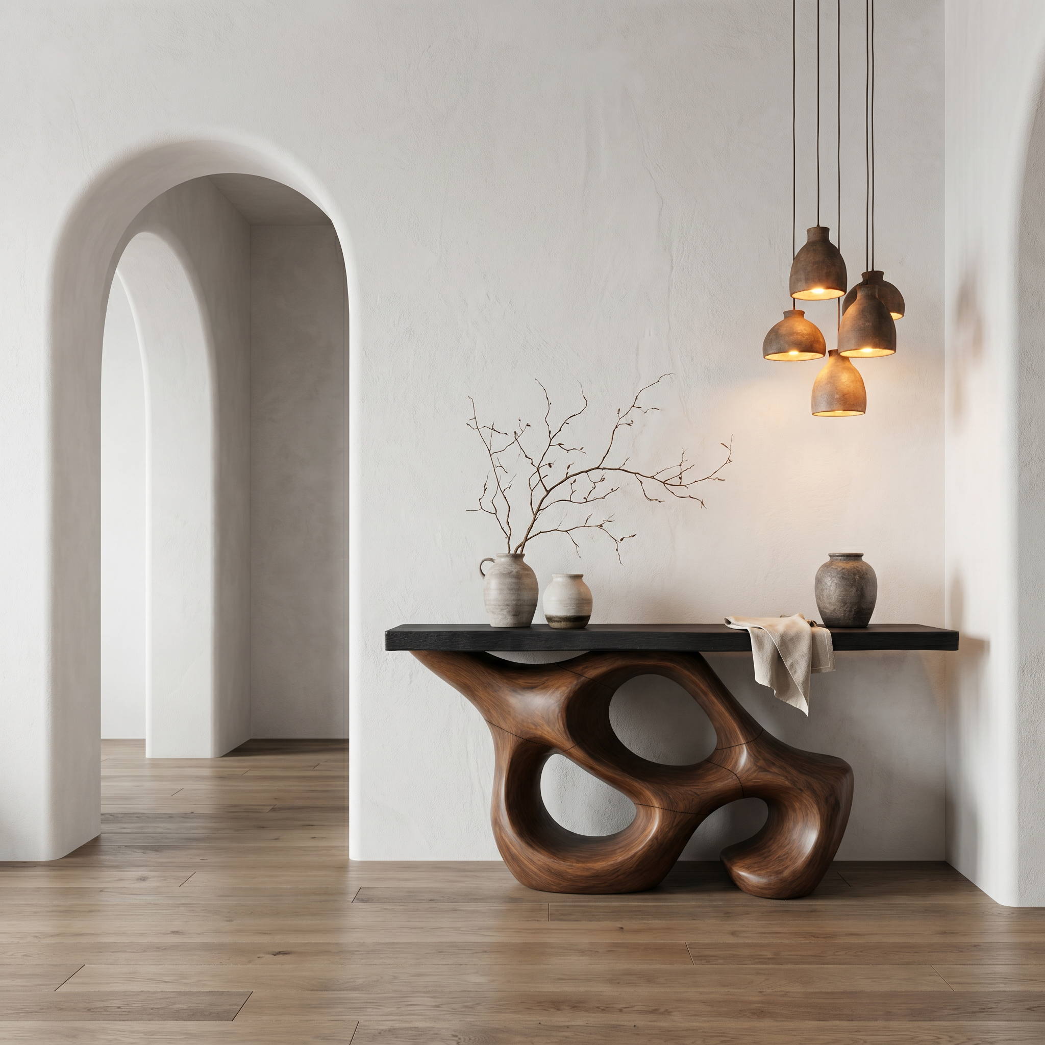 Artistic Sculptural Console Table With Abstract Hollow Wood Base For Living Room SINLHACS579