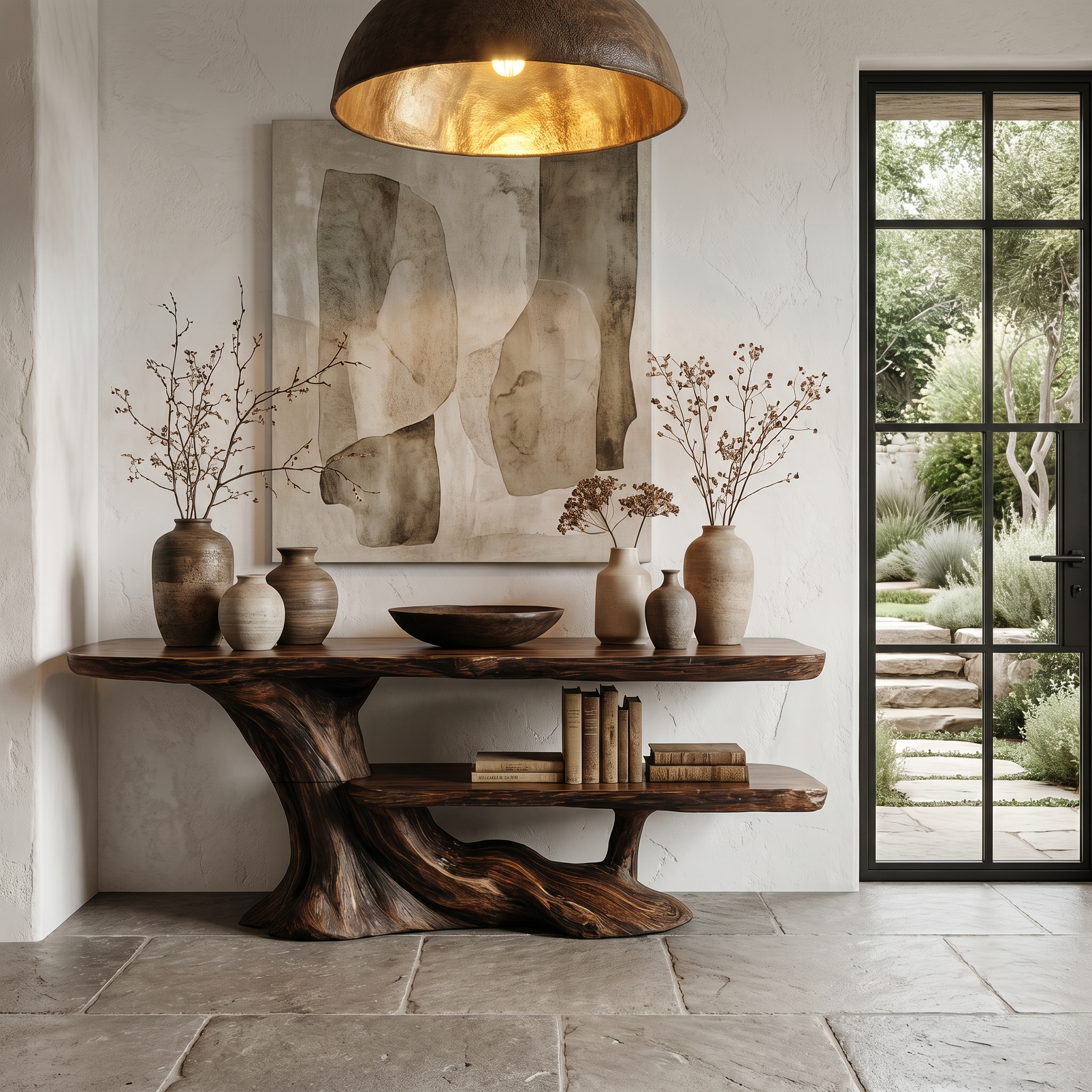 Rustic Console Table With Handcrafted Tree Root Base And Tiered Shelves For Entryway SINLHACS627
