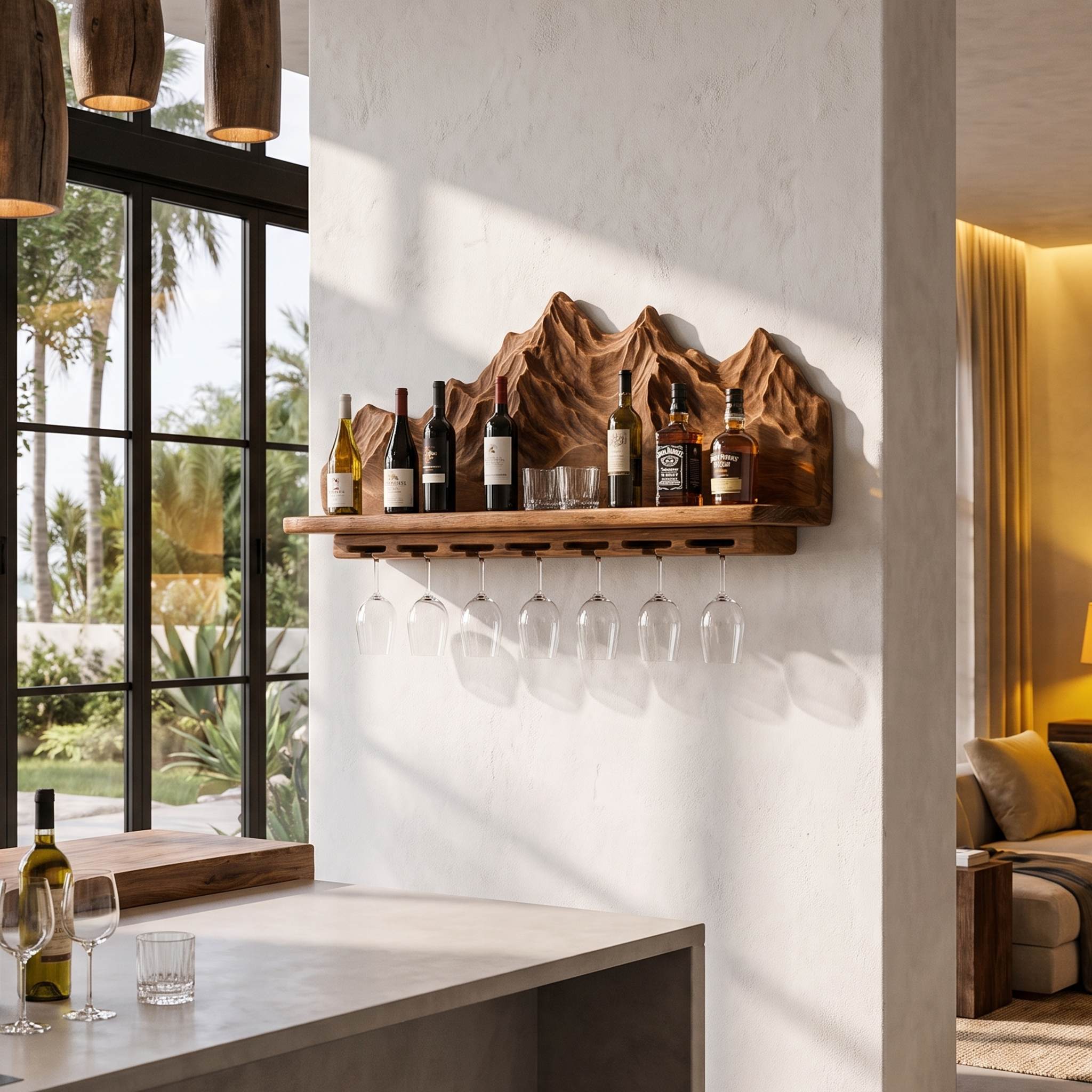 Nature Inspired Wall Wine Holder With Mountain Shelf For Home Bar SINLHAWH045
