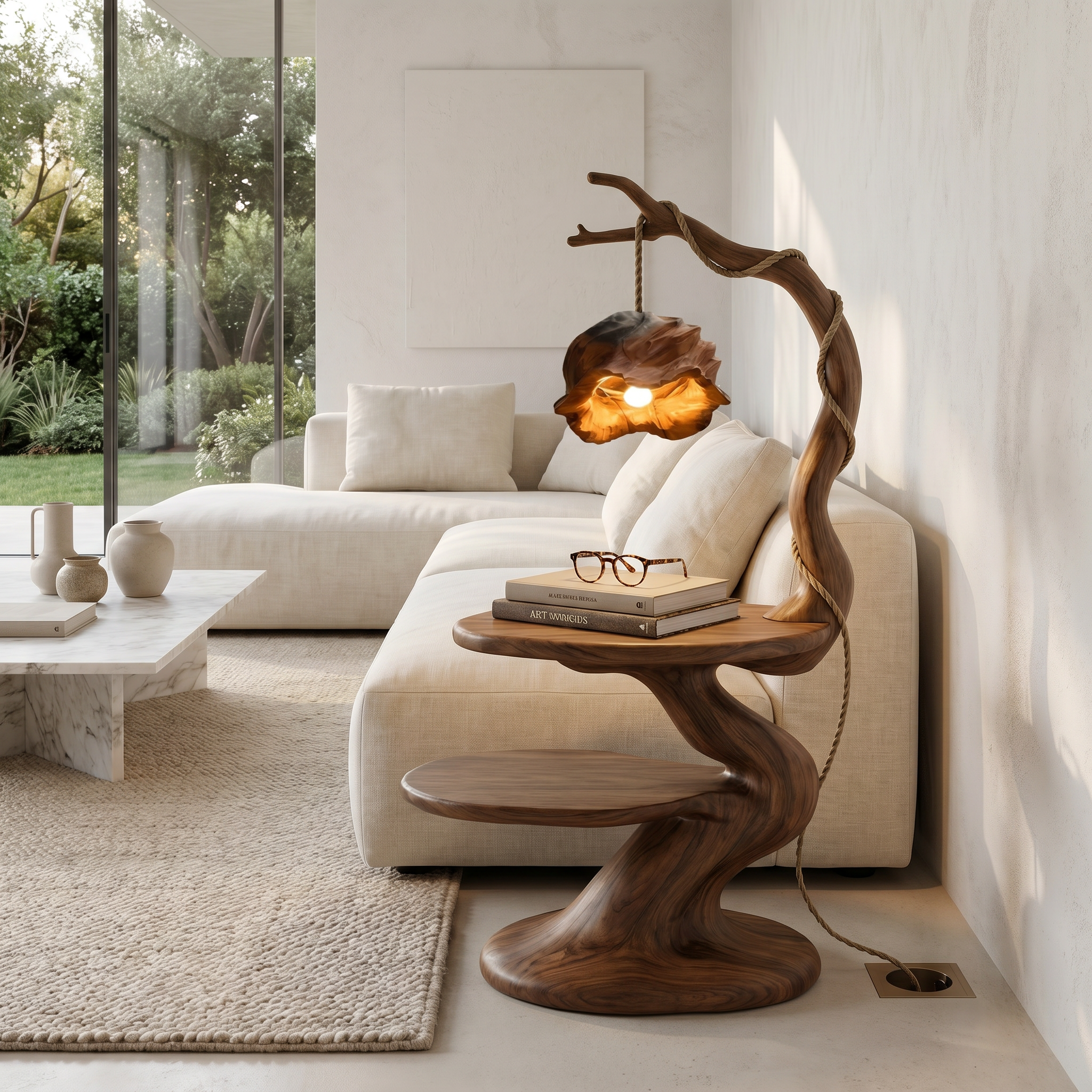 Rustic Beside Table With Tree Root Design And Hanging Lamp For Bedroom SINLHABT264