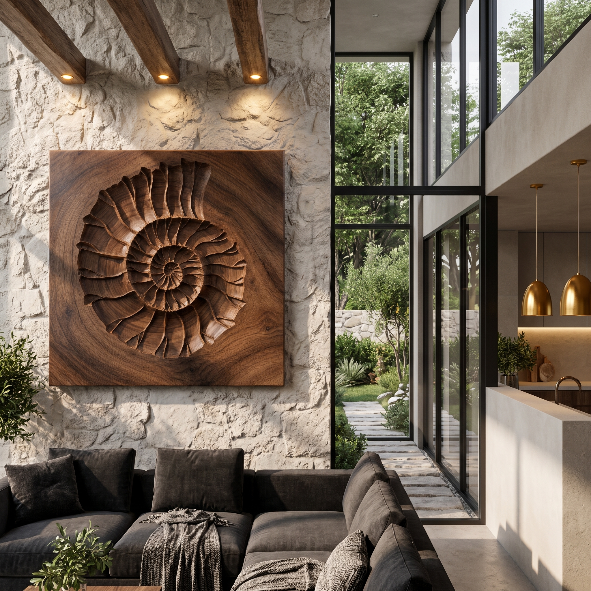 Rustic Ammonite Fossil Wooden Wall Decor For Living Room SINLHAWA136