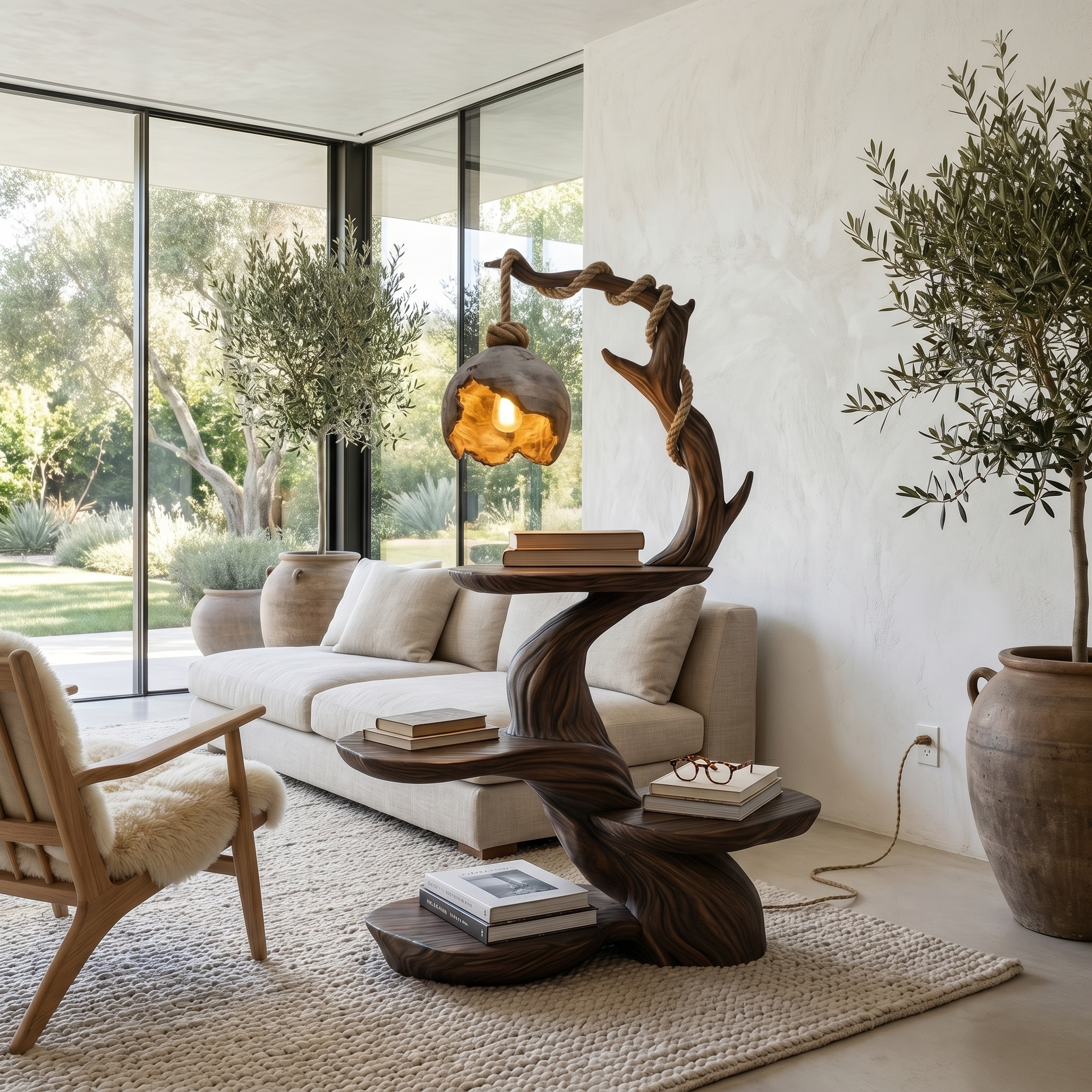Nature Inspired Beside Table With Sculptural Tree Form And Ambient Lamp For Bedroom SINLHABT266
