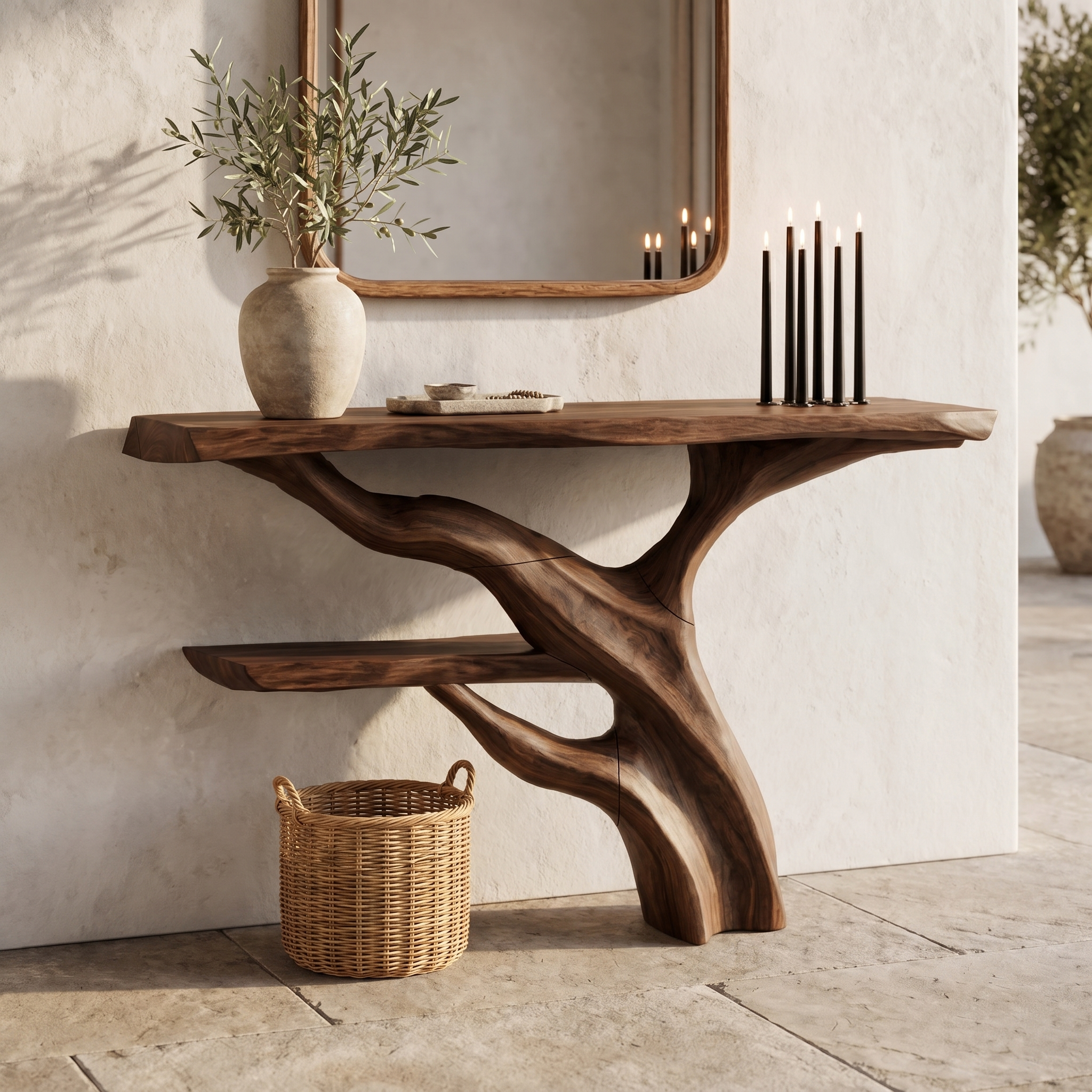 Sculptural Console Table With Abstract Branch Inspired Base And Solid Wood Top For Entryway SINLHACS588