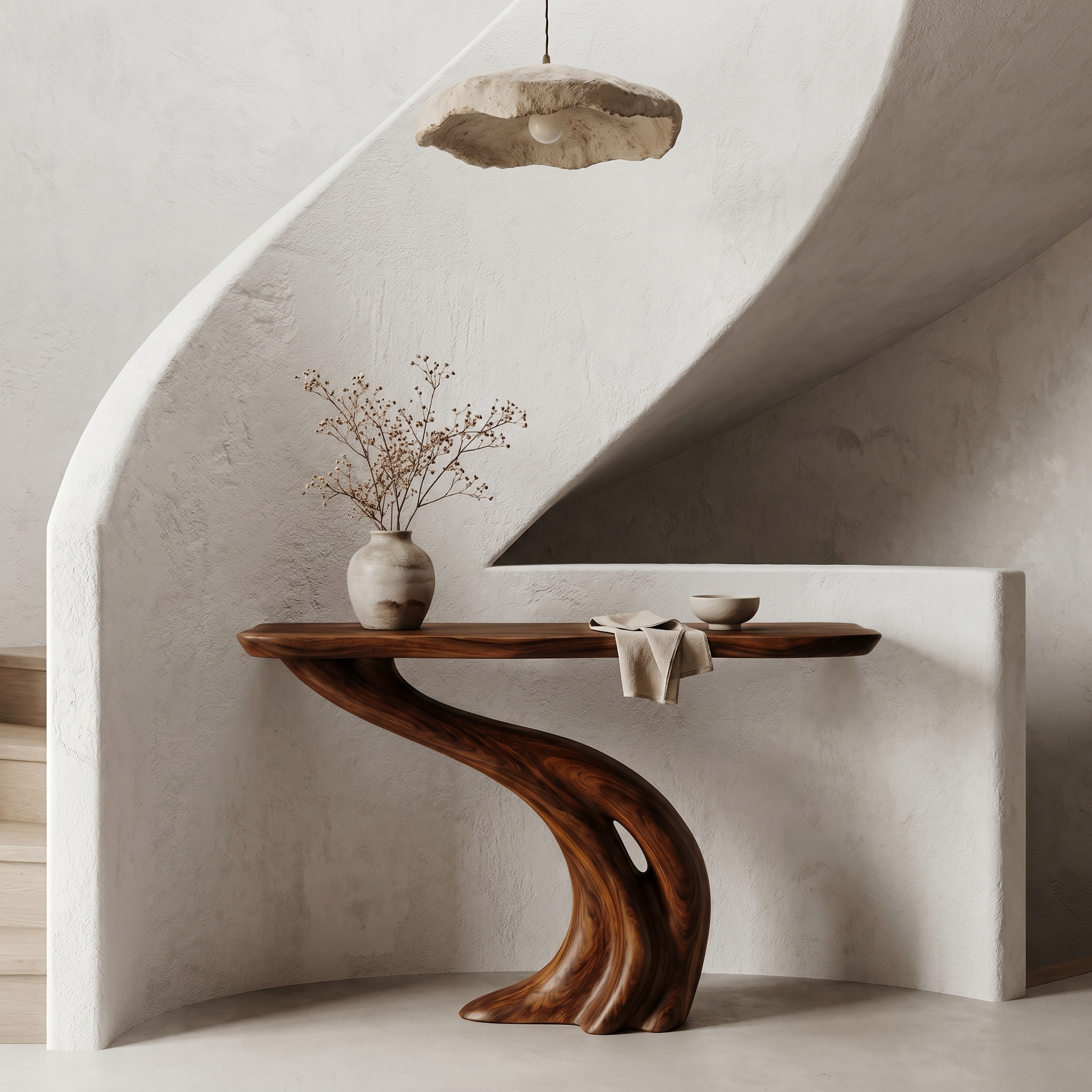 Organic Curved Console Table With Soft Flowing Wood Base For Entryway And Living Room SINLHACS589