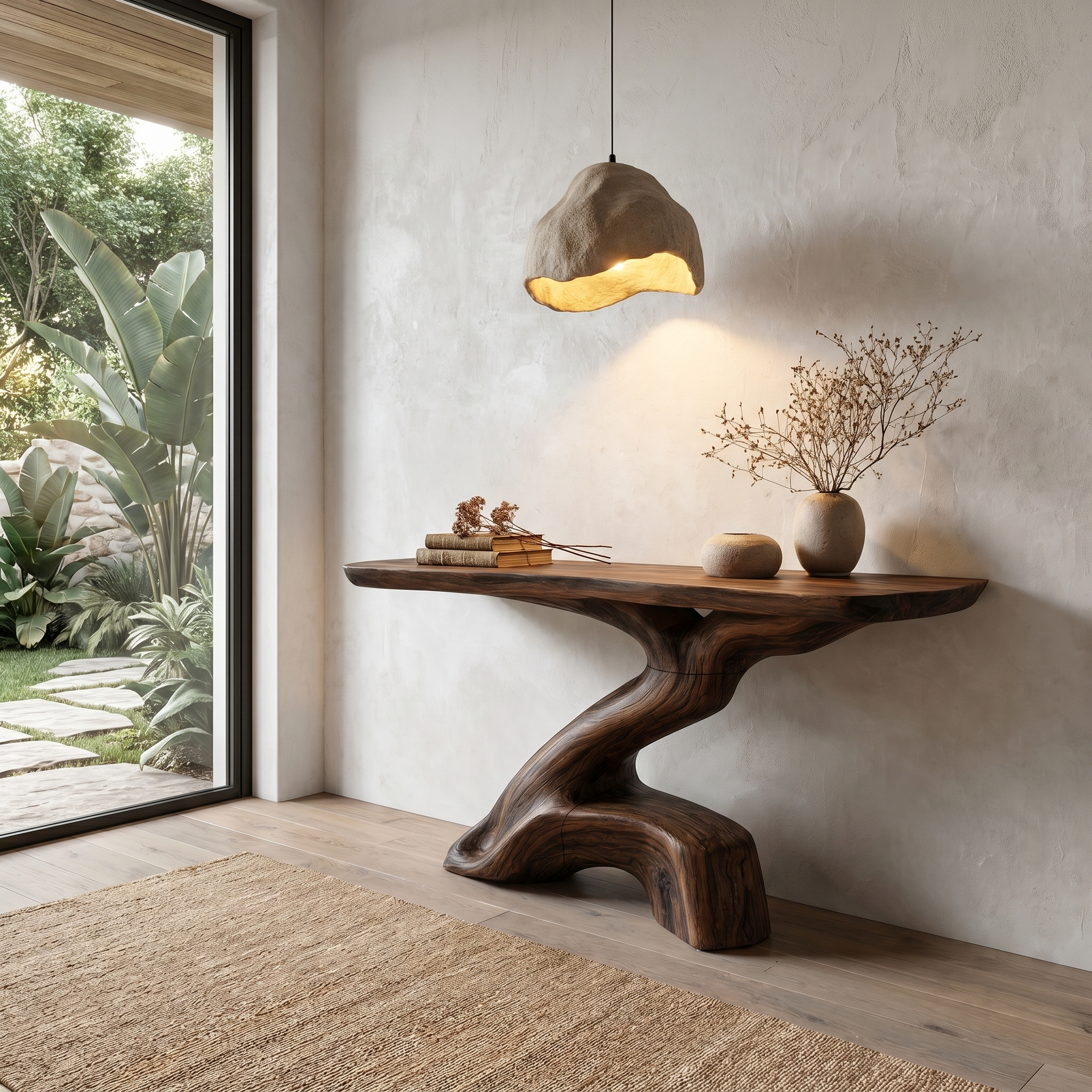 Rustic Console Table With Sculptural Tree Root Base And Solid Wood Top For Entryway And Living Room SINLHACS590