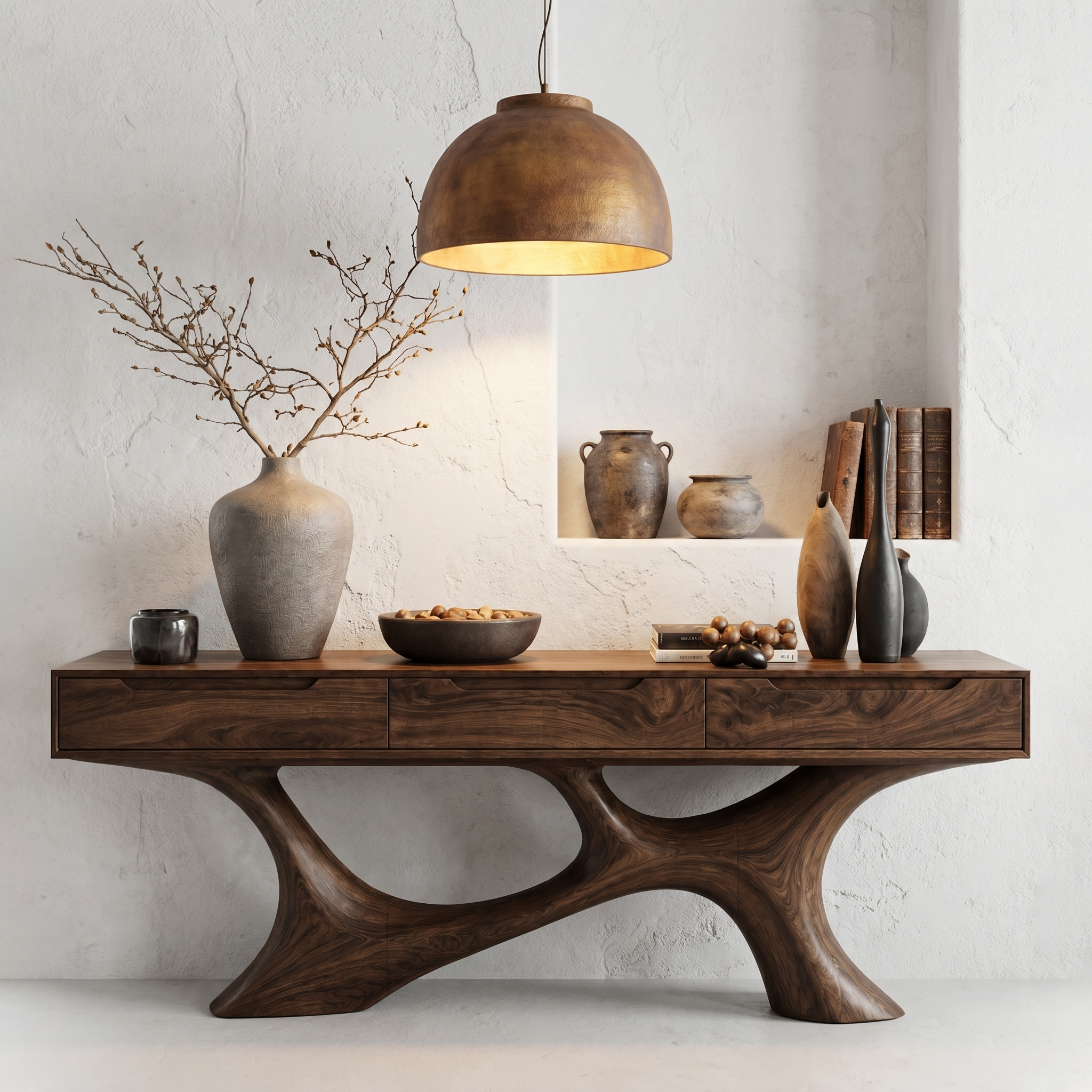 Modern Console Table With Built In Storage Cabinet And Sculptural Curved Wood Base For Entryway And Living Room SINLHACS591