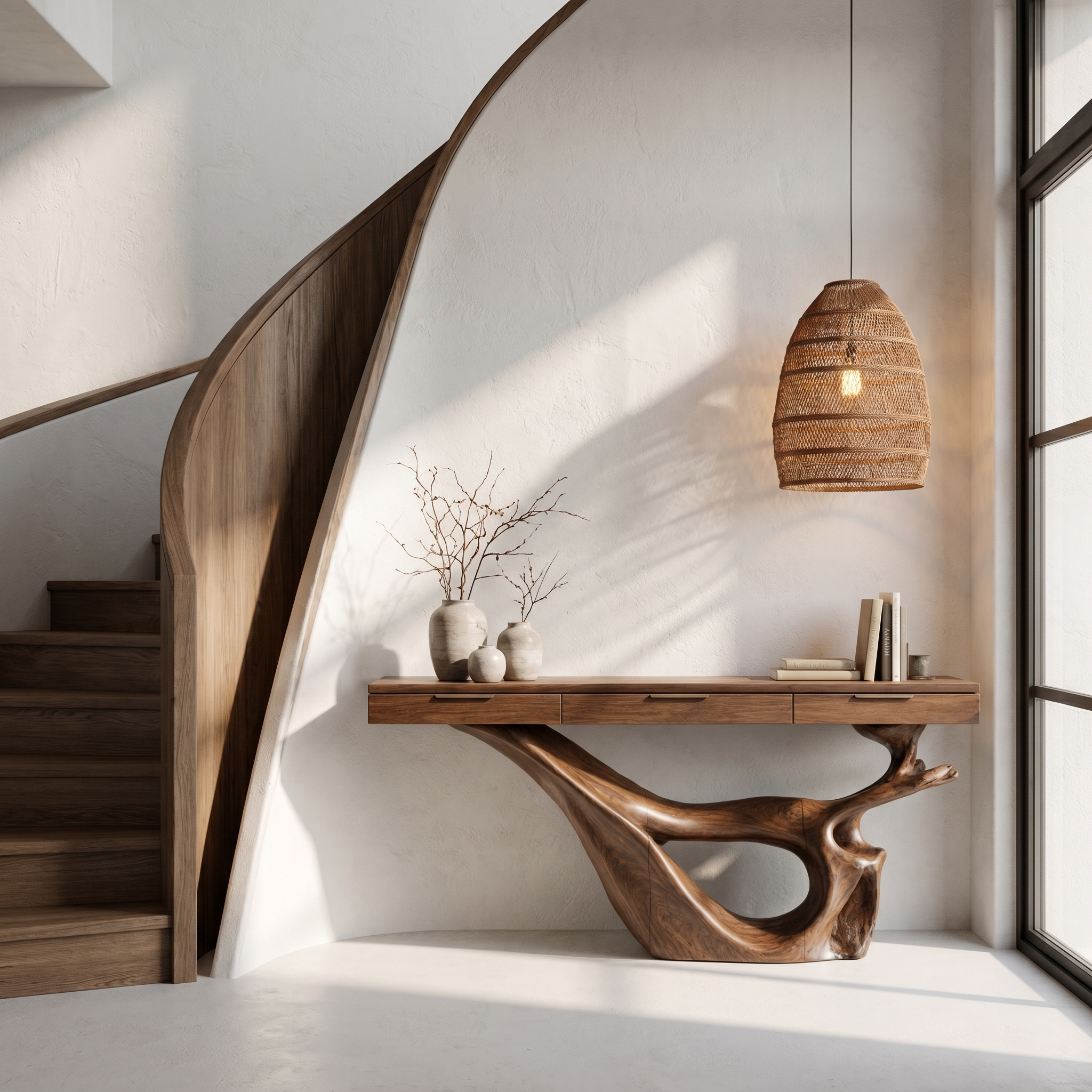Minimal Console Table With Sculptural Curved Loop Wood Base And Solid Wood Top For Entryway And Living Room SINLHACS592