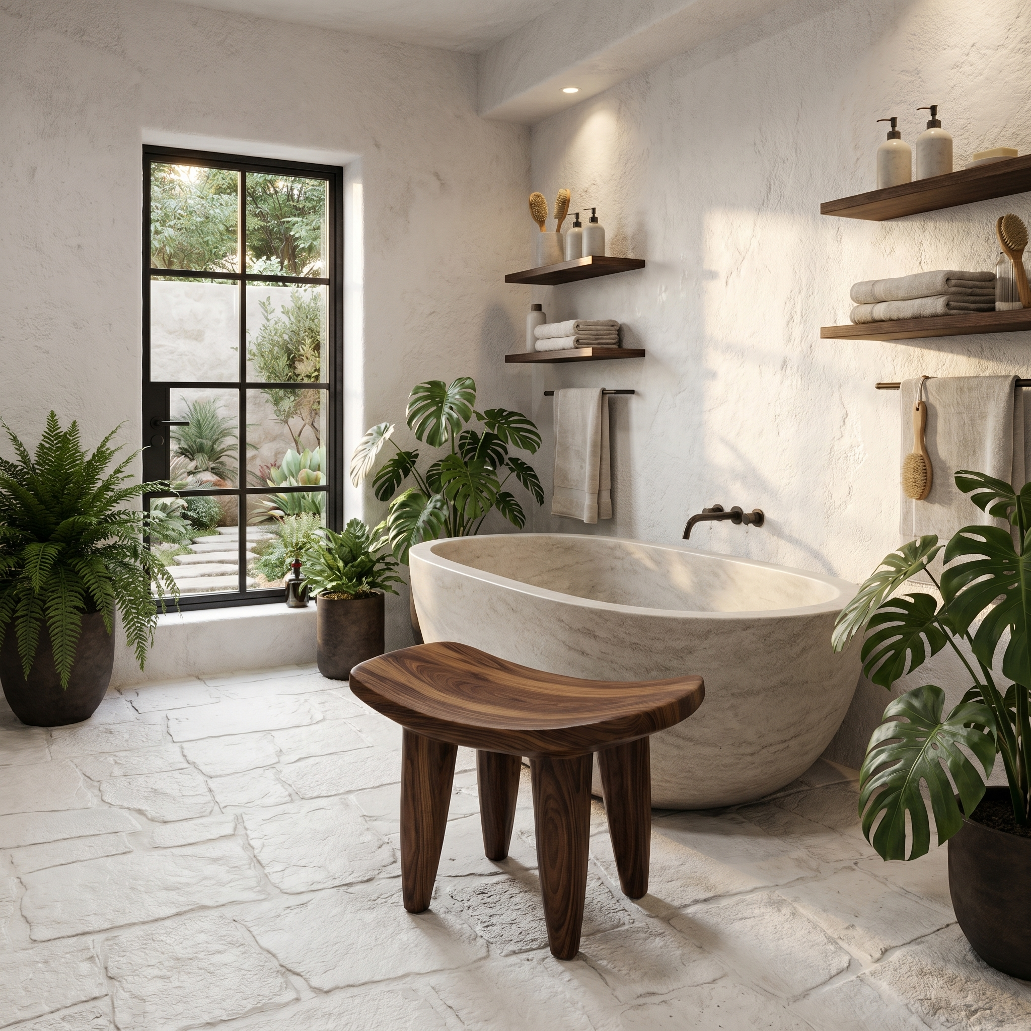 Rustic Wooden Stool With Artistic Solid Wood Form For Bathroom SINLHAWS008