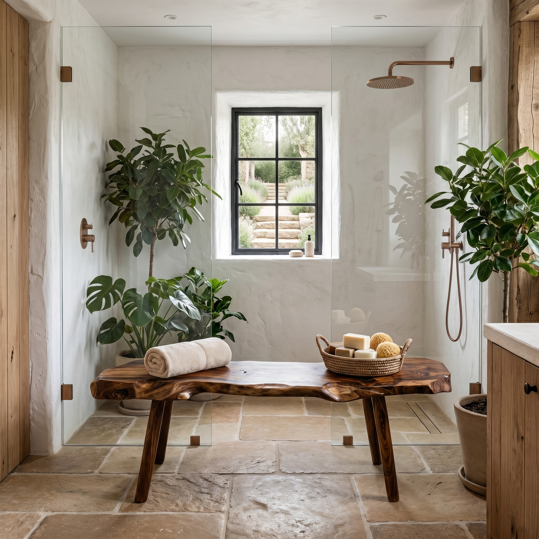 Rustic Shower Bench With Solid Wood Construction For Bathroom SINLHARS122