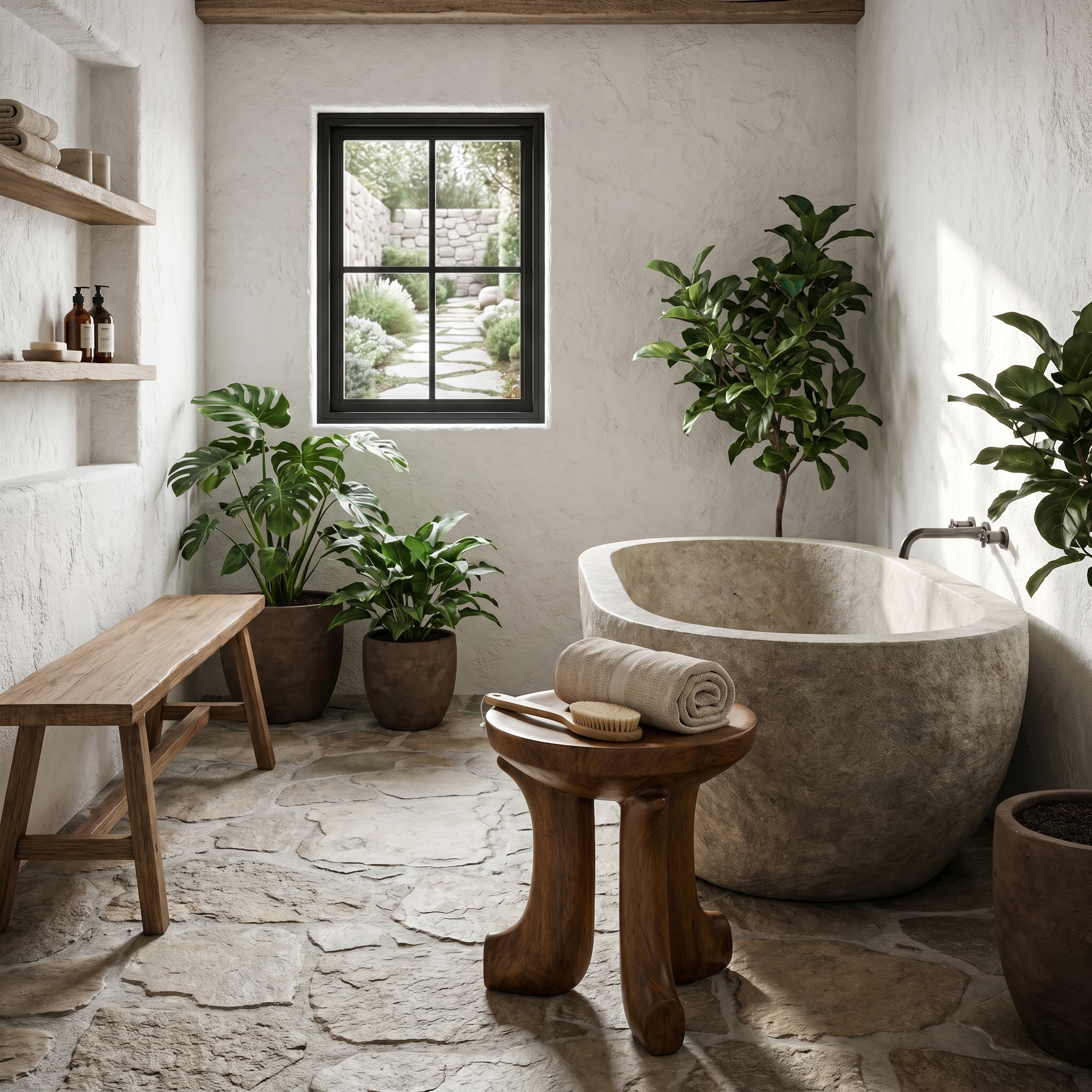 Rustic Bath Stool With Chunky Solid Wood Legs For Bathroom SINLHAWS013