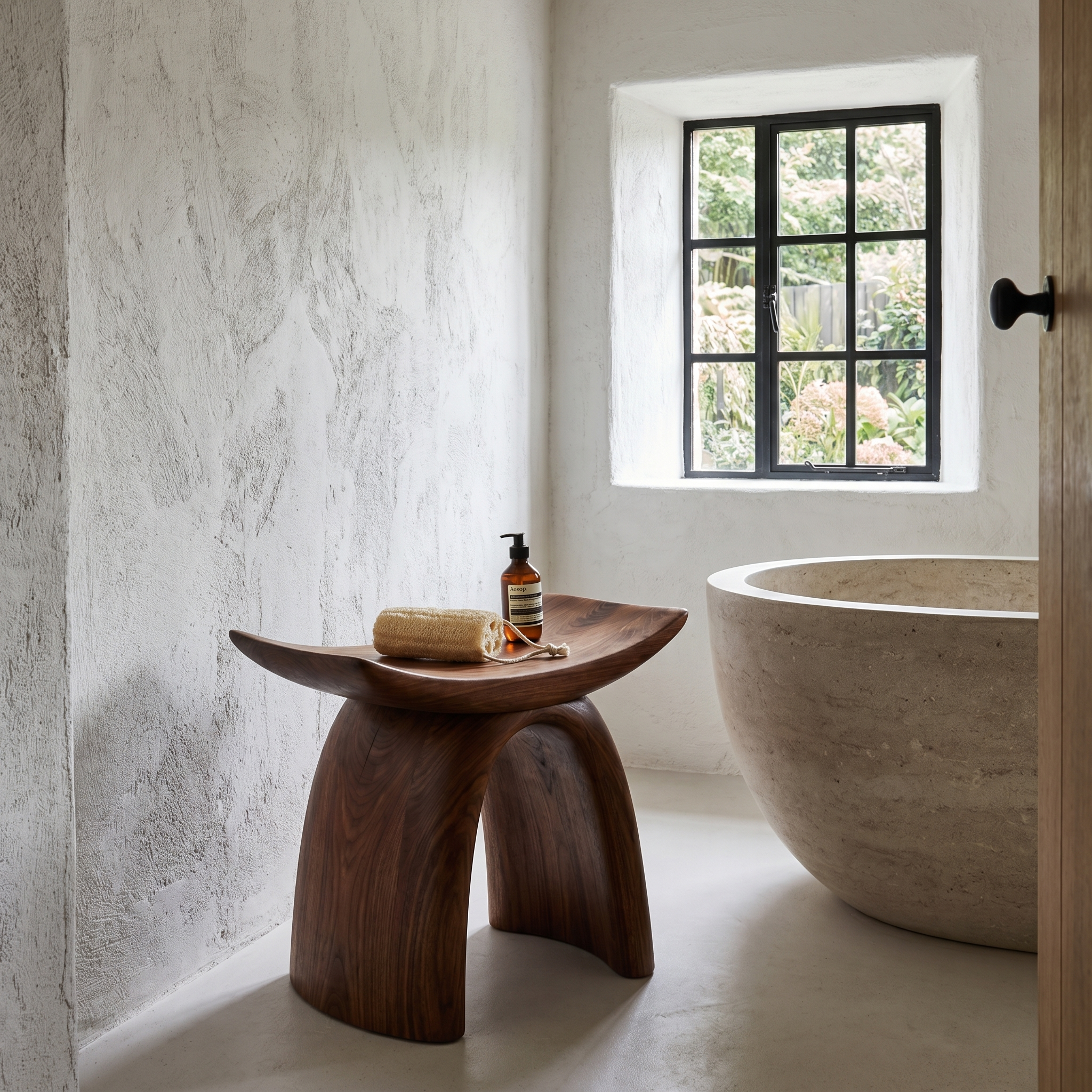 Organic Modern Shower Stool With Sculptural Wood Base For Bathroom SINLHAWS015