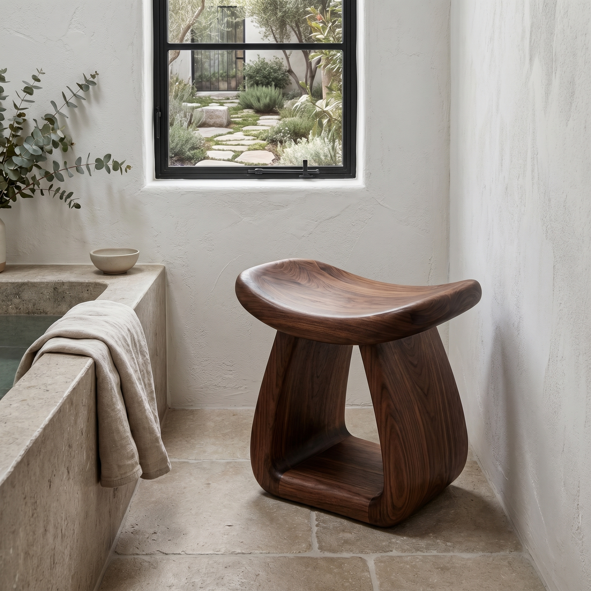 Organic Bath Stool With Handcrafted Pedestal Design For Bathroom SINLHAWS016