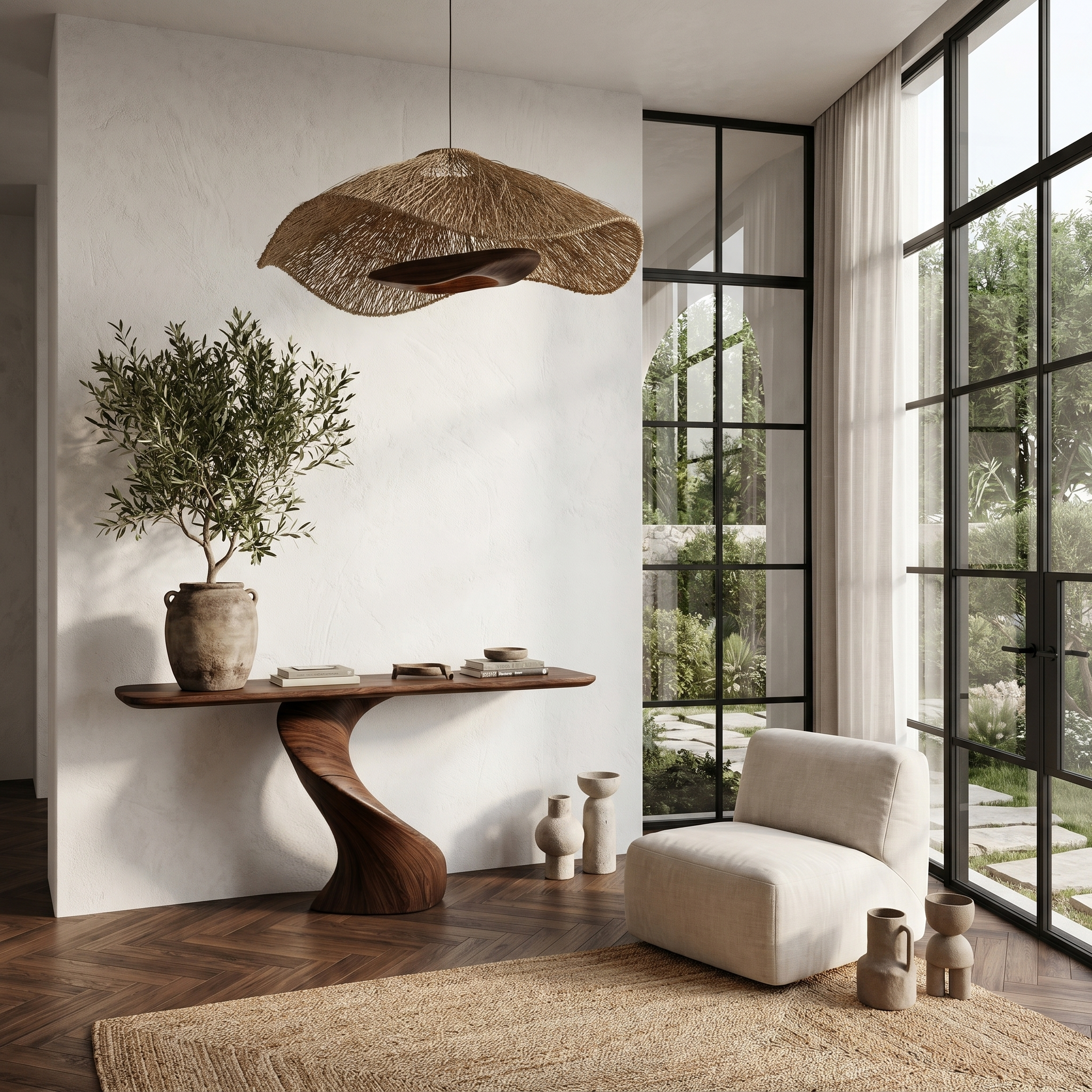 Modern Organic Console Table With Sculptural Twisted Solid Wood Base For Entryway And Living Room SINLHACS605