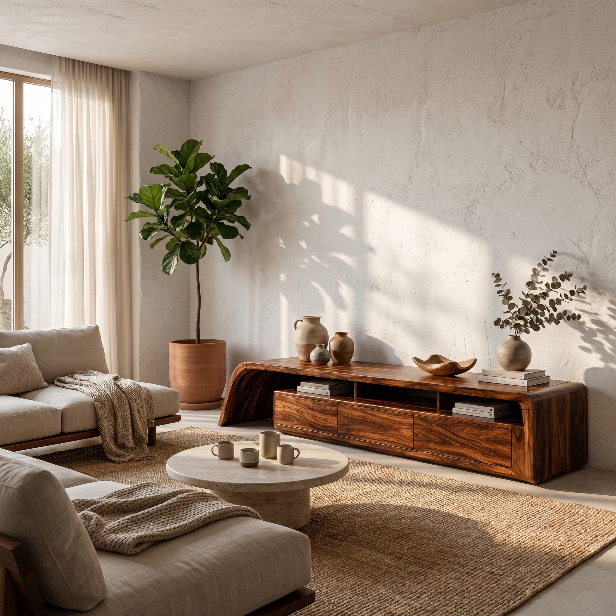 Modern TV Cabinet With Built In Storage And Rounded Curved Edges For Living Room SINLHATC040