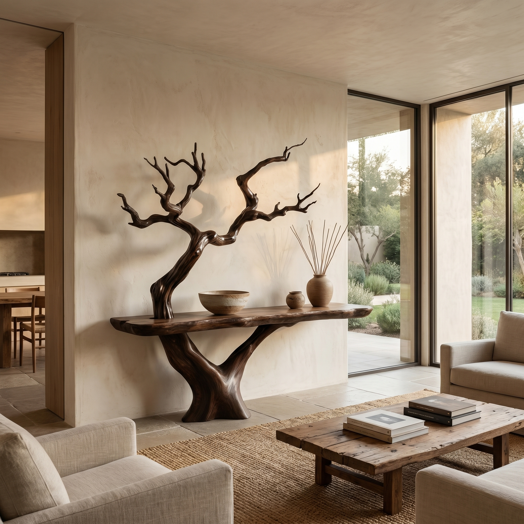 Rustic Console Table With Sculptural Tree Branch Base And Live Edge Wood Top For Entryway And Living Room SINLHACS613