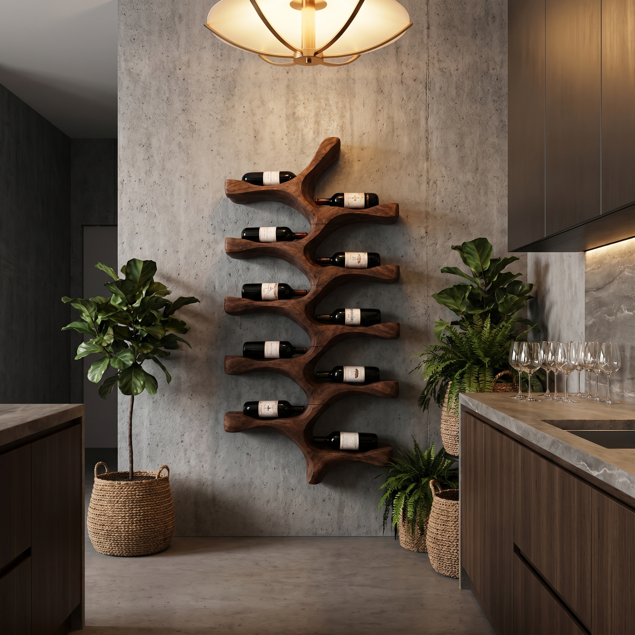 Organic Wall Mounted Wine Rack With Tree Branch Bottle Holders For Kitchen SINLHAWR028