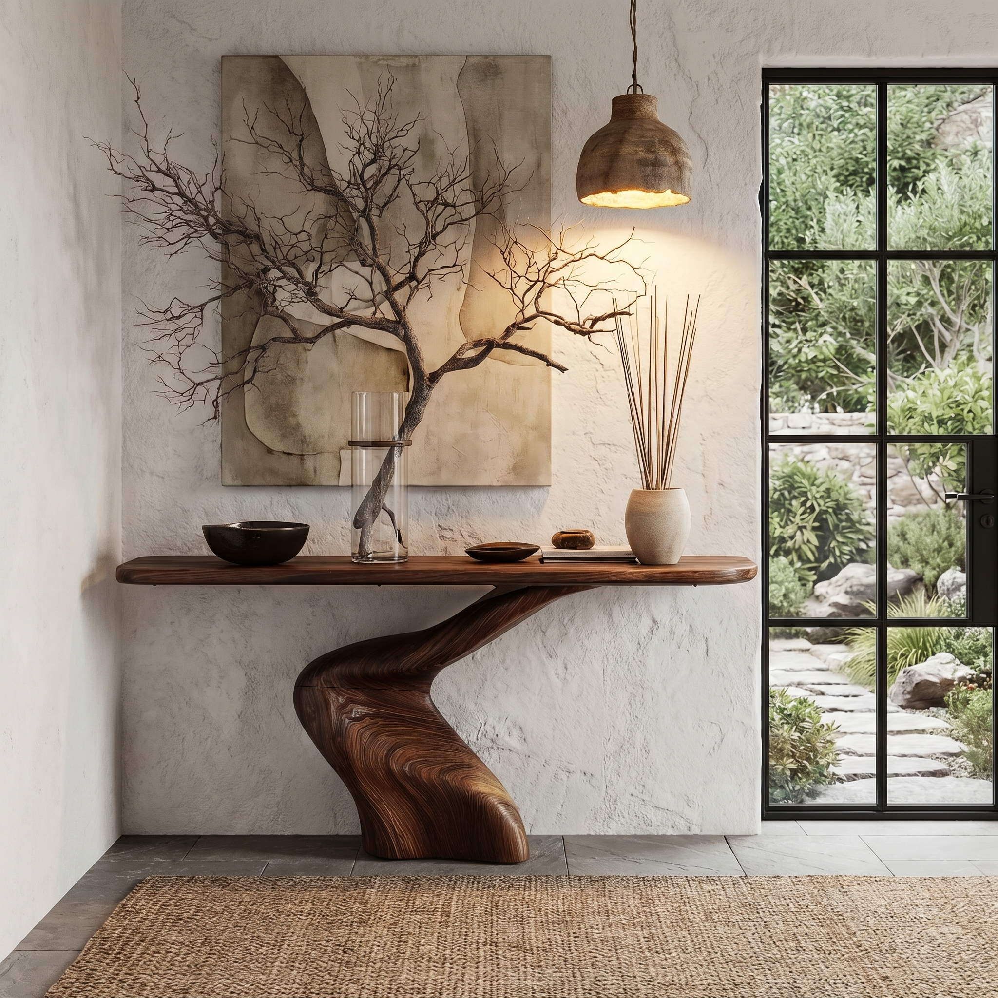 Organic Console Table With Sculptural Twisted Solid Wood Base For Entryway And Living Room SINLHACS617