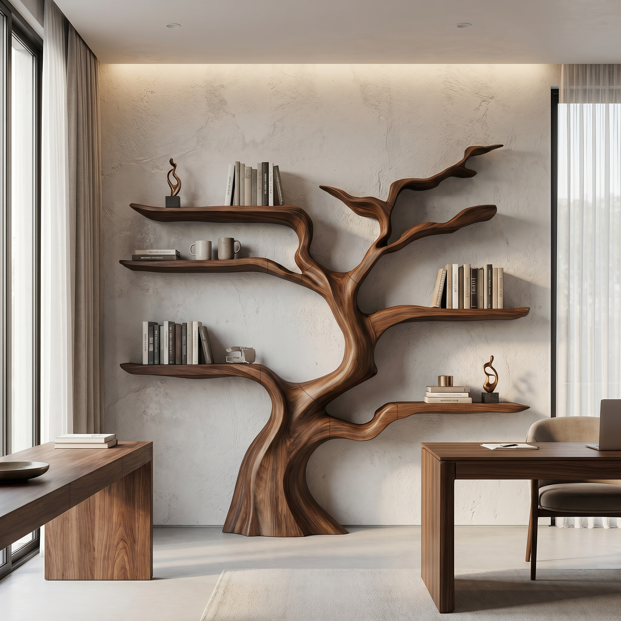 Nature Inspired Tree Bookshelf With Floating Wooden Shelves For Living Room Decor SINLHATB753