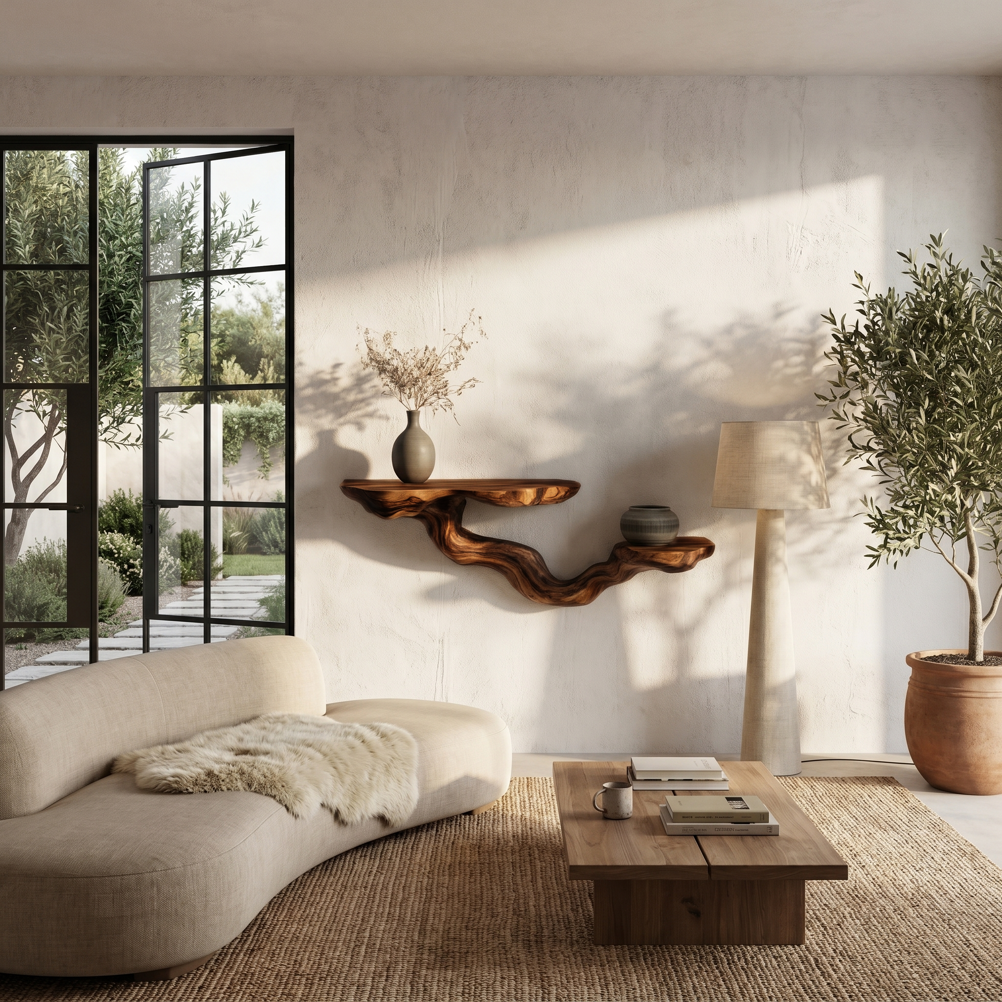 Rustic Floating Shelf With Sculptural Tree Branch Form For Home Decor SINLHAFL549