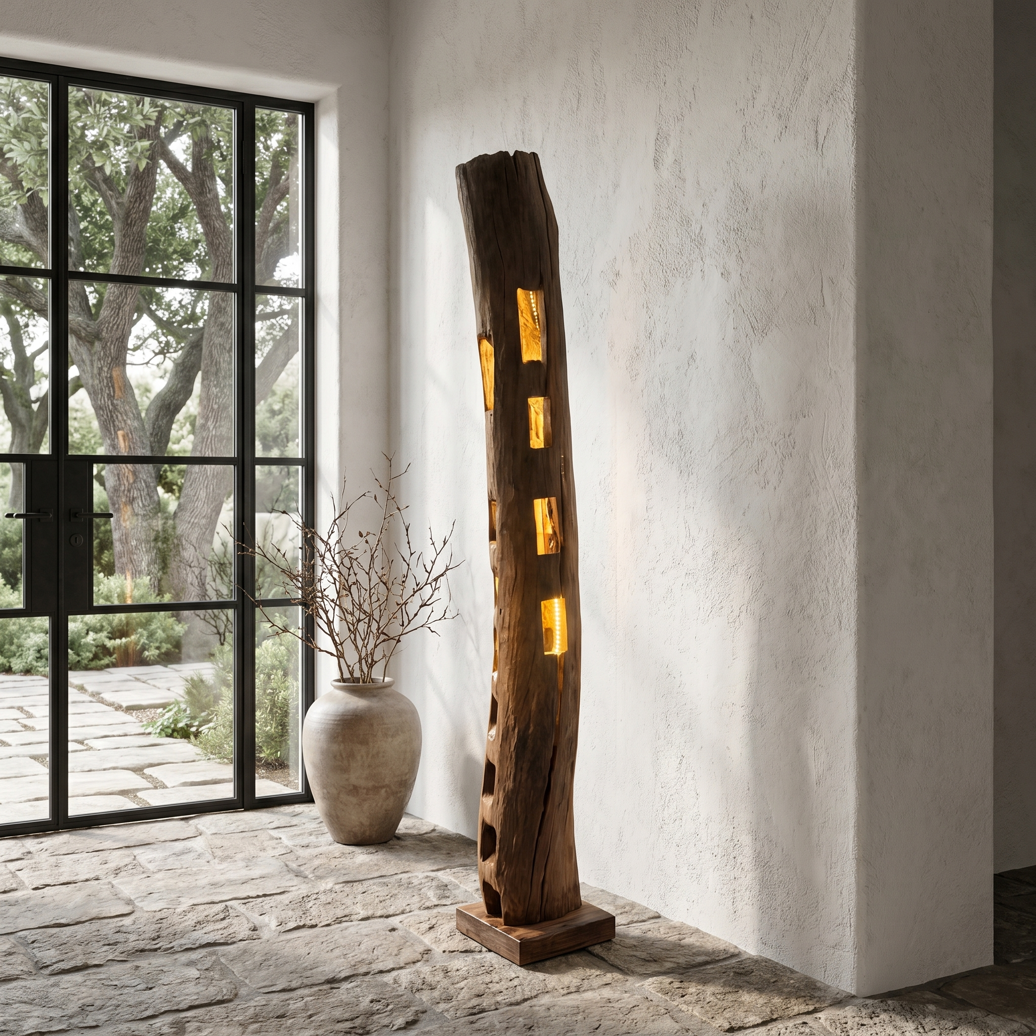 Rustic Wooden Floor Lamp With Natural Hollow Log Design For Living Room And Bedroom SINLHAFLP086