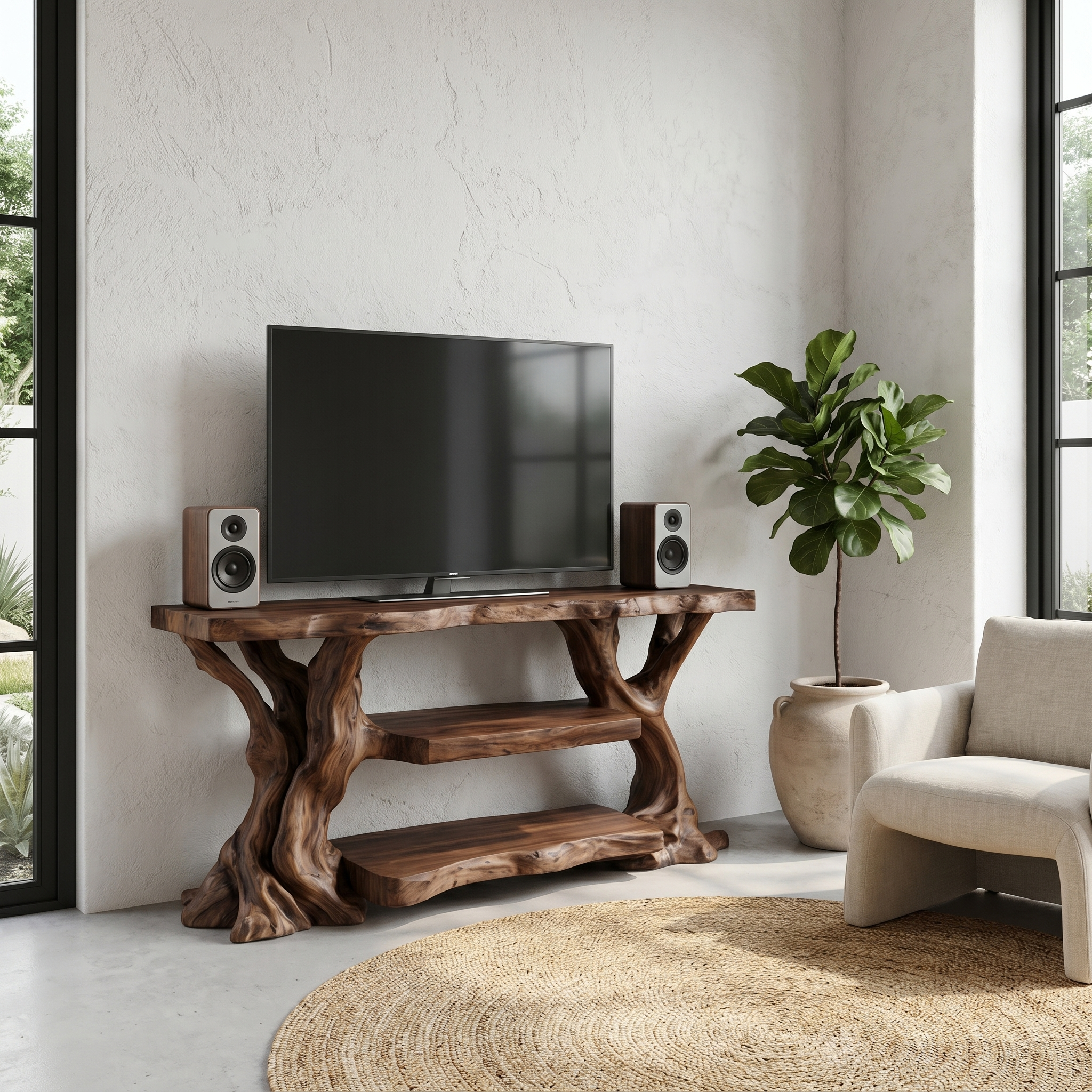 Rustic TV Stand With Natural Wood Sculptural Frame For Living Room SINLHATC066