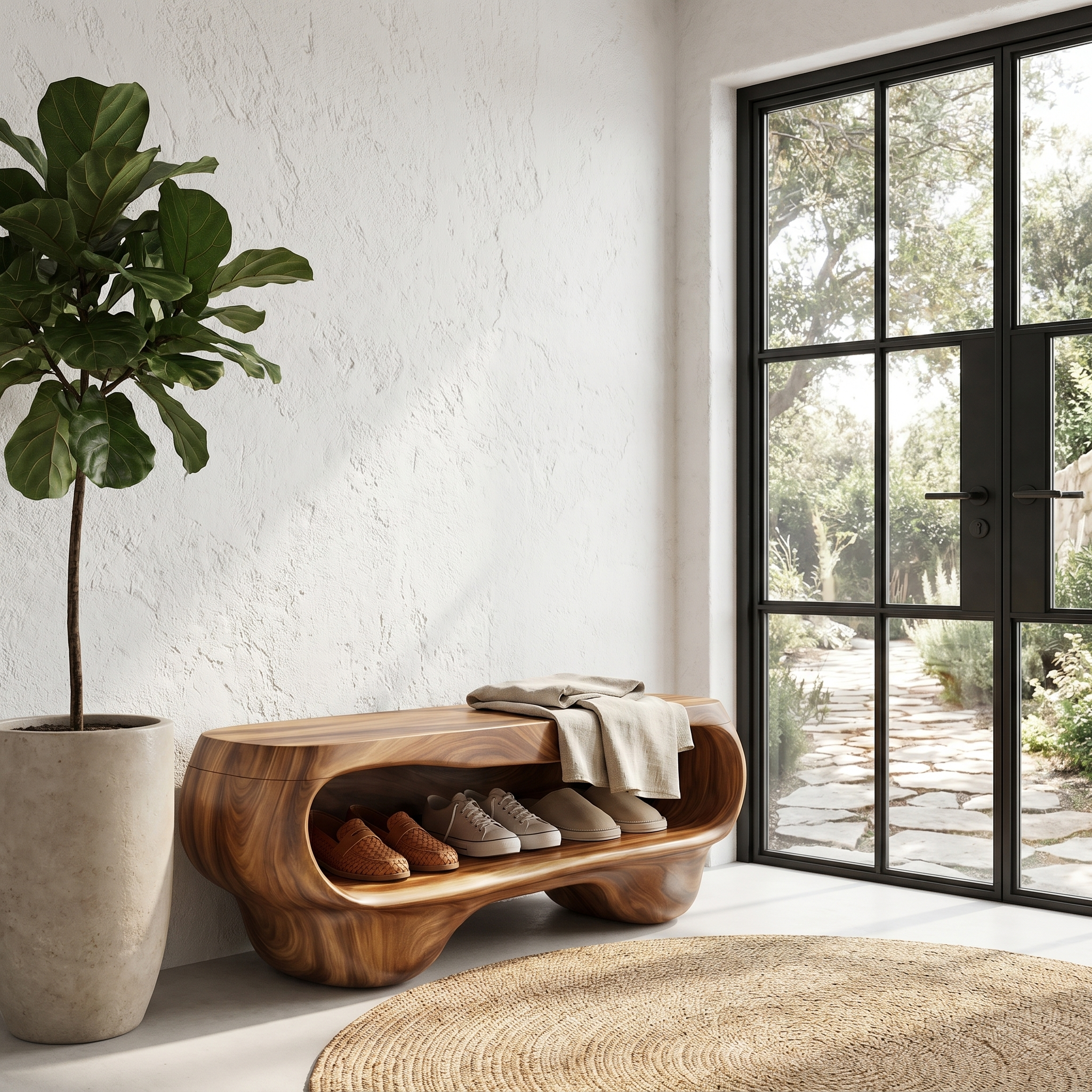 Organic Shoe Bench With Rounded Storage Shelves For Entryway SINLHASB094