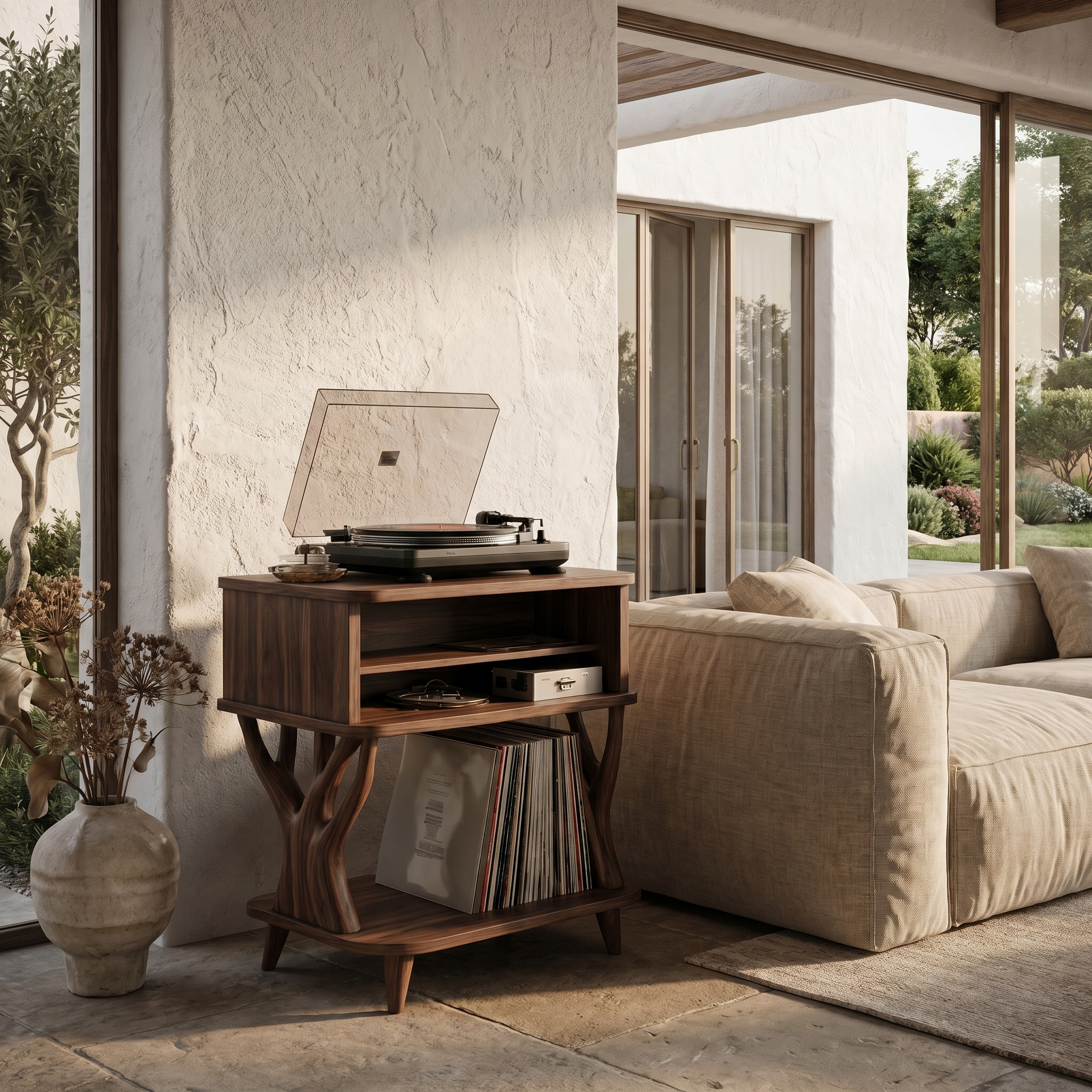 Organic Record Player Stand With Built In Drawer Storage And Vinyl Shelf For Living Room SINLHARPS008